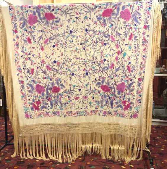 Chinese Embroidered Piano Silk Shawl Approximately 88" x 88" Condition, fringe needs to be (1 of 5)