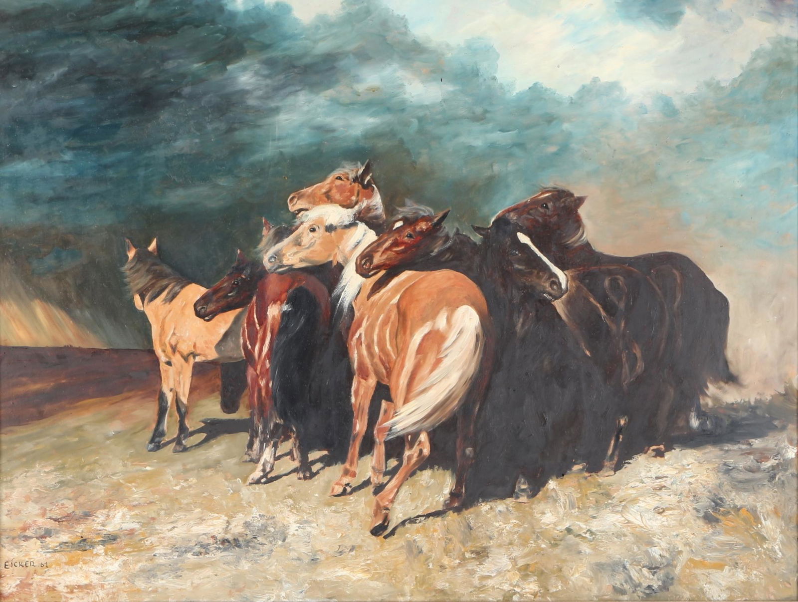 unknown painter herd of horses in storm 1961, Unbekannter Maler Pferdeherde in Sturm von 1961, (1 of 4)