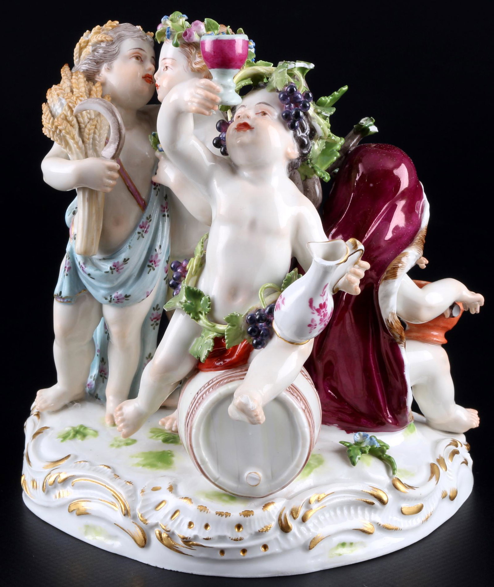 Meissen Allegory Four Seasons, knob mark 1860-1924, Allegorie der Vier Jahreszeiten 1.Wahl,: porcelain, blue sword mark 1st choice, knob mark 1860-1924, Allegory Four Seasons, model no. 1068, H 14 cm x W 13 cm x D 12 cm, damaged