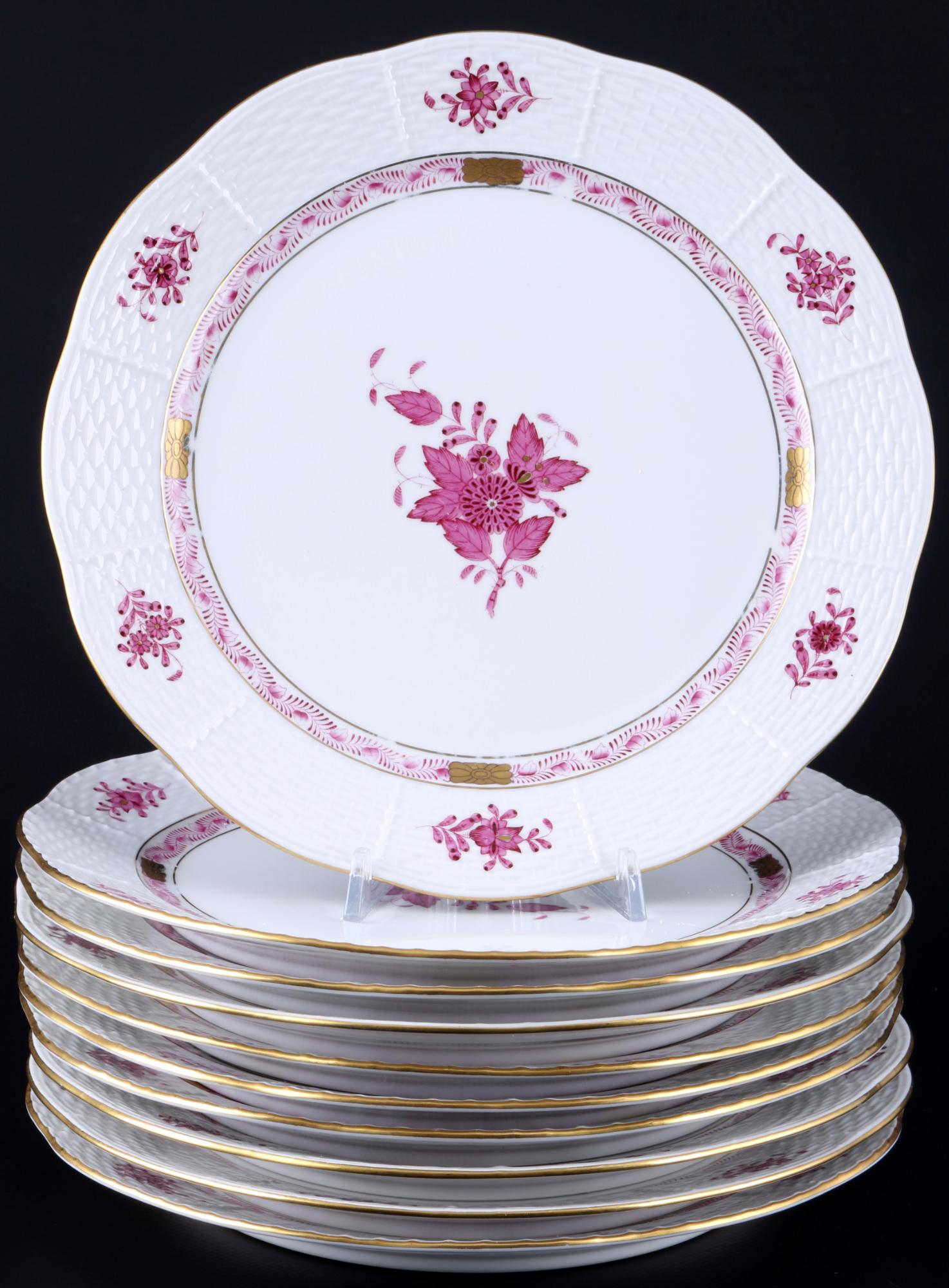 Herend Apponyi Purple 10 dinner plates, Speiseteller,: porcelain, Hungary 20th century, blue mark, dÃ©cor AP Apponyi Purple, model no. 524, 10x D 25.5 cm