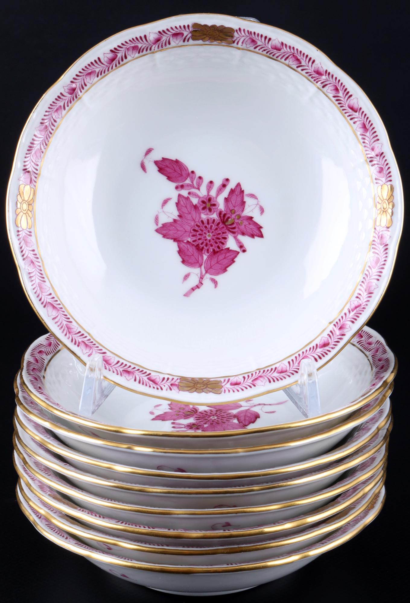 Herend Apponyi Purpur 9 bowls, Schalen,: porcelain, Hungary 20th century, blue mark, dÃ©cor AP Apponyi Purple, model no. 329, 9x H 3.5 cm x D 14 cm
