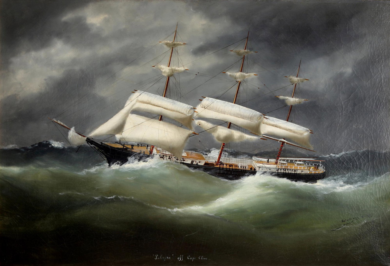 Marie-Edouard Adam (1847-1929) sailing ship off Cape Clear, Segelschiff Palmyra vor Cape Clear,: oil/canvas (doubled on canvas), signed and dated on lower right Ed. Adam 1878 Havre, titled "Palmyra off Cape Clear", H 62 cm x W 92.5 cm, frame 70 x 97 cm, Craquele