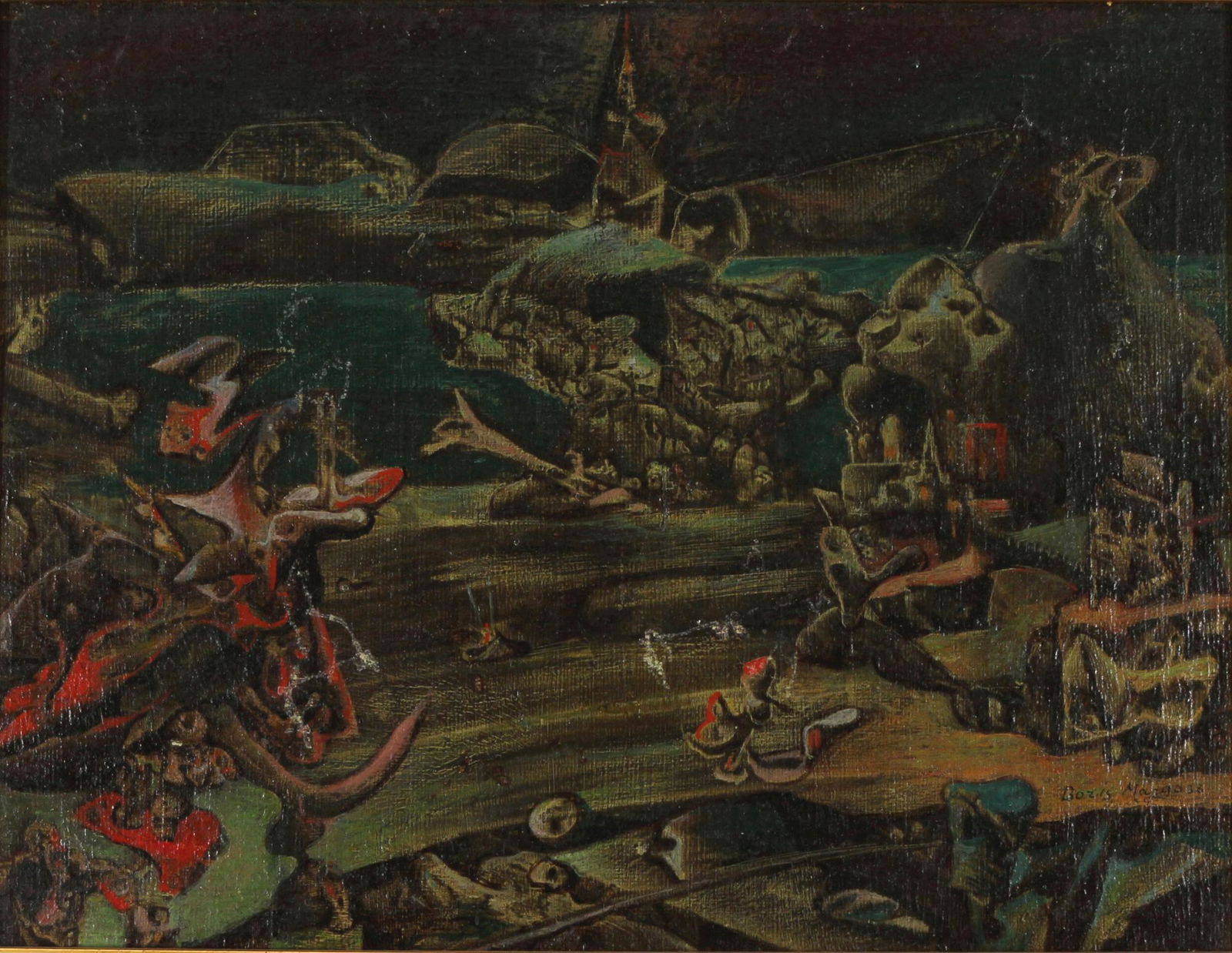 Boris Margo (1902-1995) surrealistic landscape, surrealistischen Landschaft,: oil/canvas (covered on plate), signed and dated on lower right Boris Margo 38, abstract landscape scenery, H 25.5 cm x W 33 cm, wooden frame 35 x 42 cm, restored, scraches