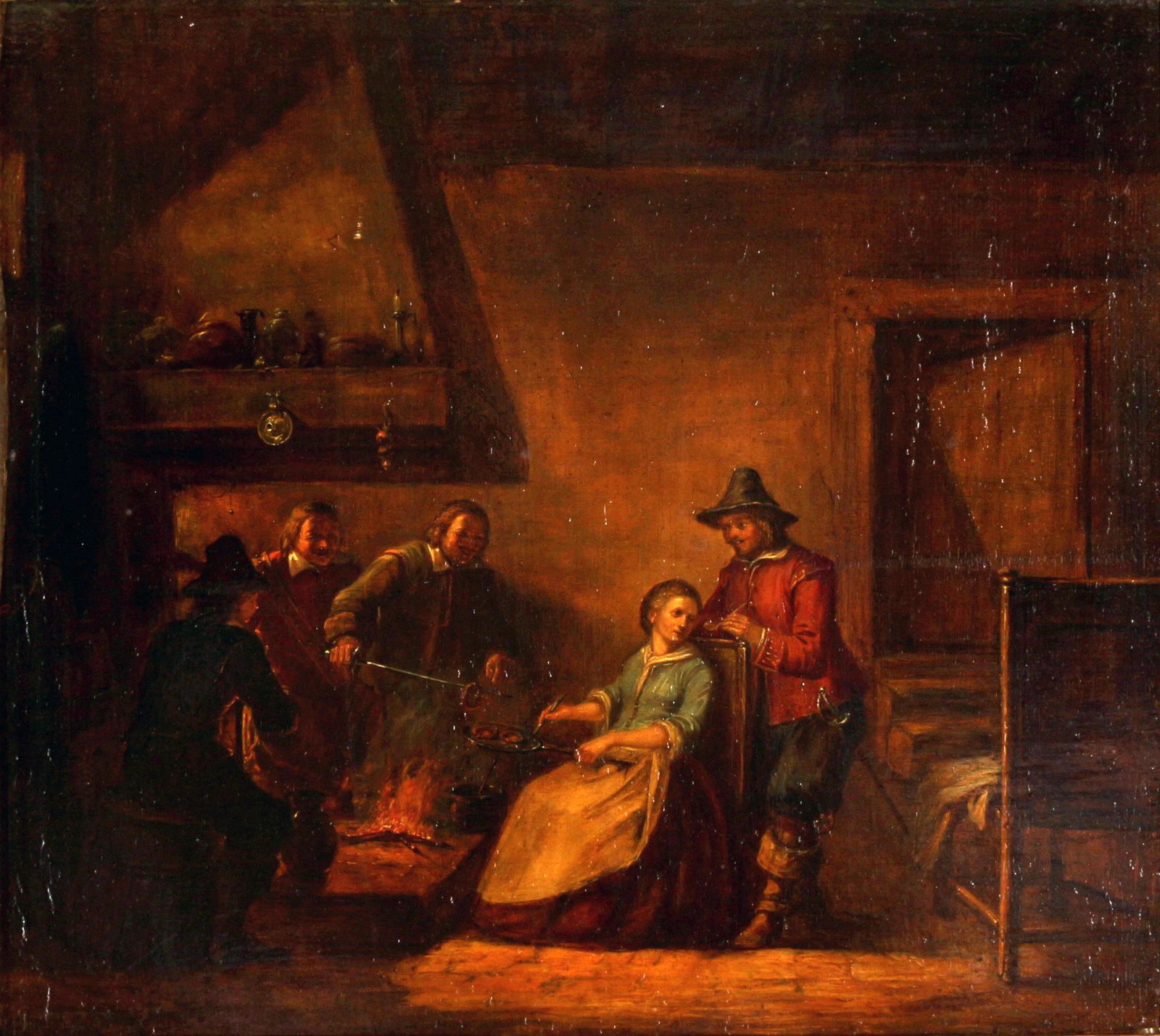Old Master 18th Century Netherlands Interior of a room with people at the kitchen fire, Altmeister: oil/wood, monogrammed on the lower right H J ?, room interior - frying lady with four gentlemen at a large fireplace, H 37 cm x W 41 cm, frame 53 x 57 cm, restored