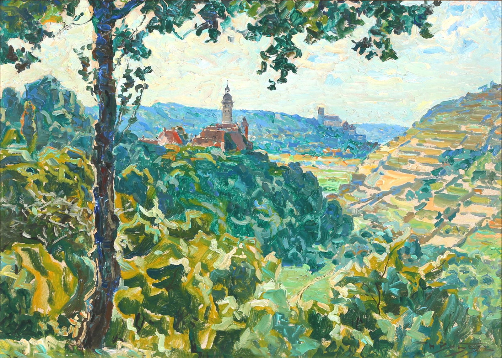 Hans Busse (1867-1914) landscape with view of a church spire, Landschaft mit Blick auf Kirchturm,: oil/plate, signed on lower right H. Busse, H 36 cm x W 50 cm, magnificent frame 48 x 62.5 cm