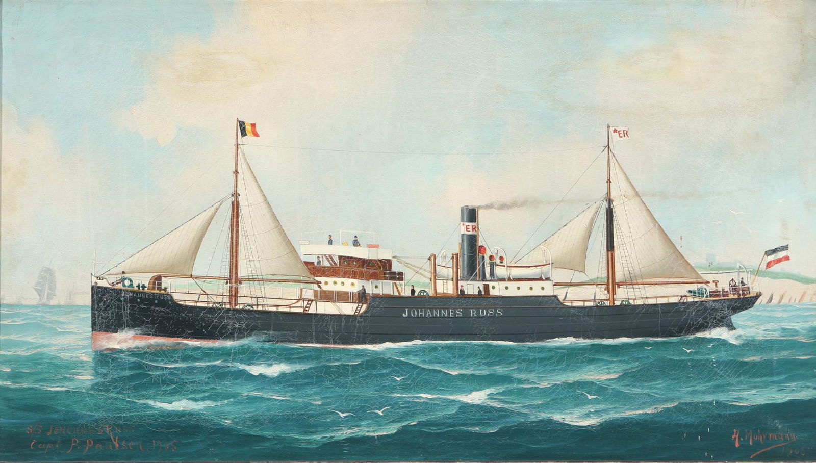 John Henry Mohrmann (1857-1916) steam ship Johannes Russ, Dampfschiff,: oil/canvas, signed on lower right by H. Mohrmann 1905 and titled on the left by S/S Johannes Russ Capt. P. Paulsen. 1905, H 40 cm x W 70 cm, wooden frame 44.5 x 74.5 cm, improvements, color cracks