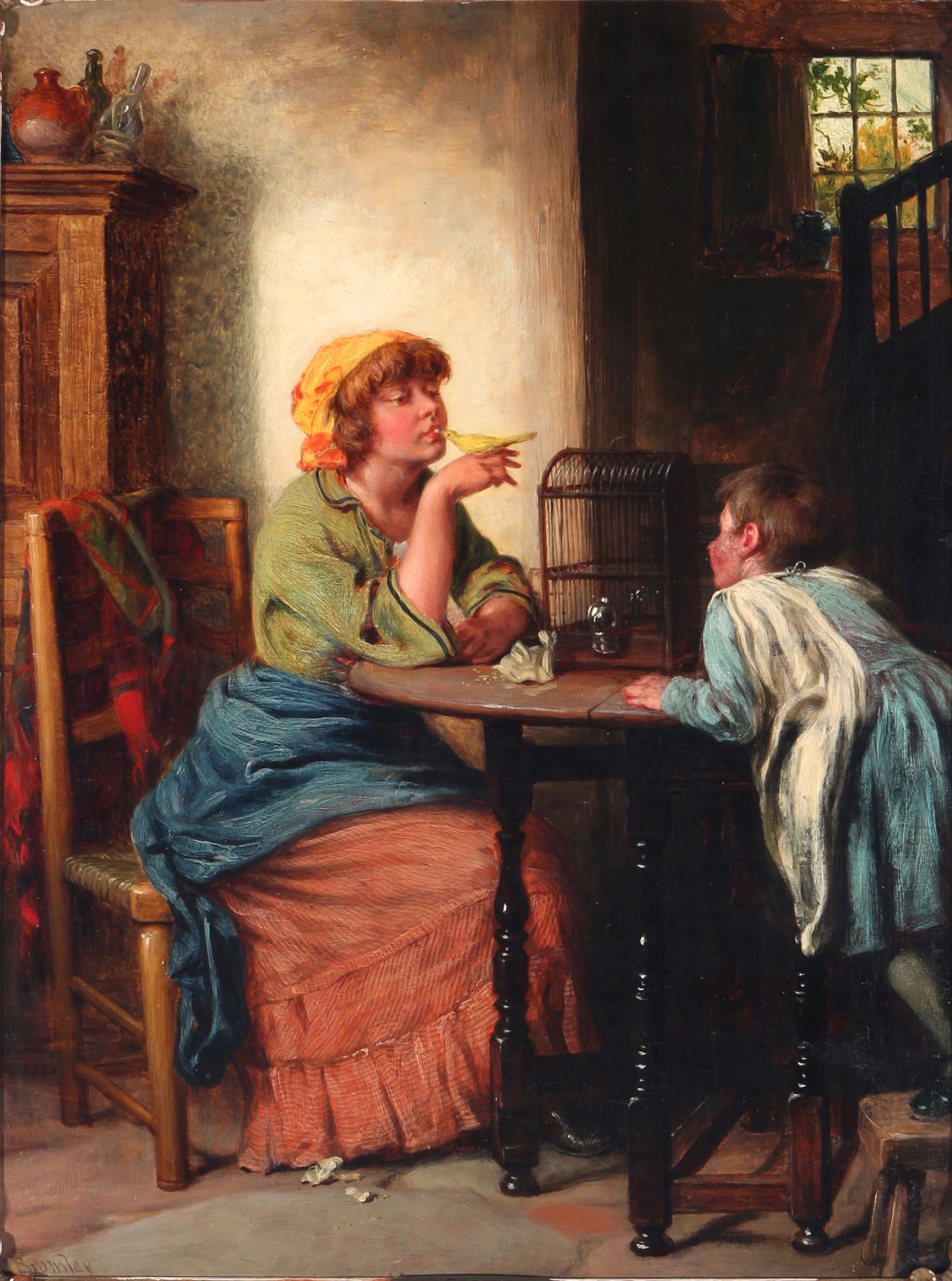 William III Bromley (act.1835-1888) girl at the table with canary, MÃ¤dchen am Tisch mit: oil/canvas (doubled on wood), signed on lower left W. Bromley, interior scenery with two girls at the table with a birdcage and a canary on hand, H 45 cm x W 35 cm, wooden frame 57 x 46 cm, small rest
