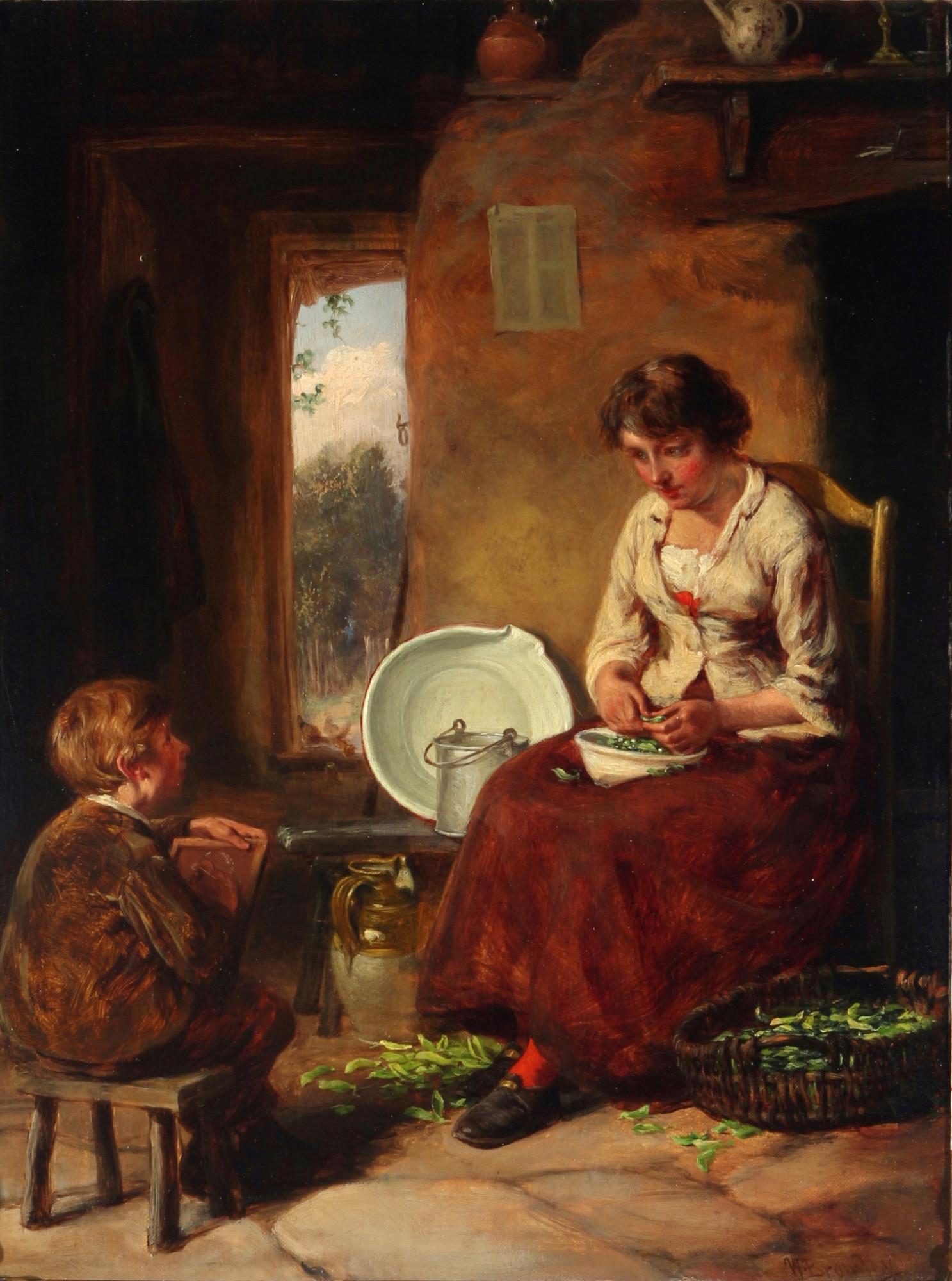 William III Bromley (act.1835-1888) boy draws his mother doing kitchen work, Junge zeichnet seine: oil/canvas (doubled on wood), signed on lower right W. Bromley, interior scenery with a seated boy, who draws his mother preparing the kitchen, H 46 cm x W 34.5 cm, wooden frame 57 x 46 cm, restored