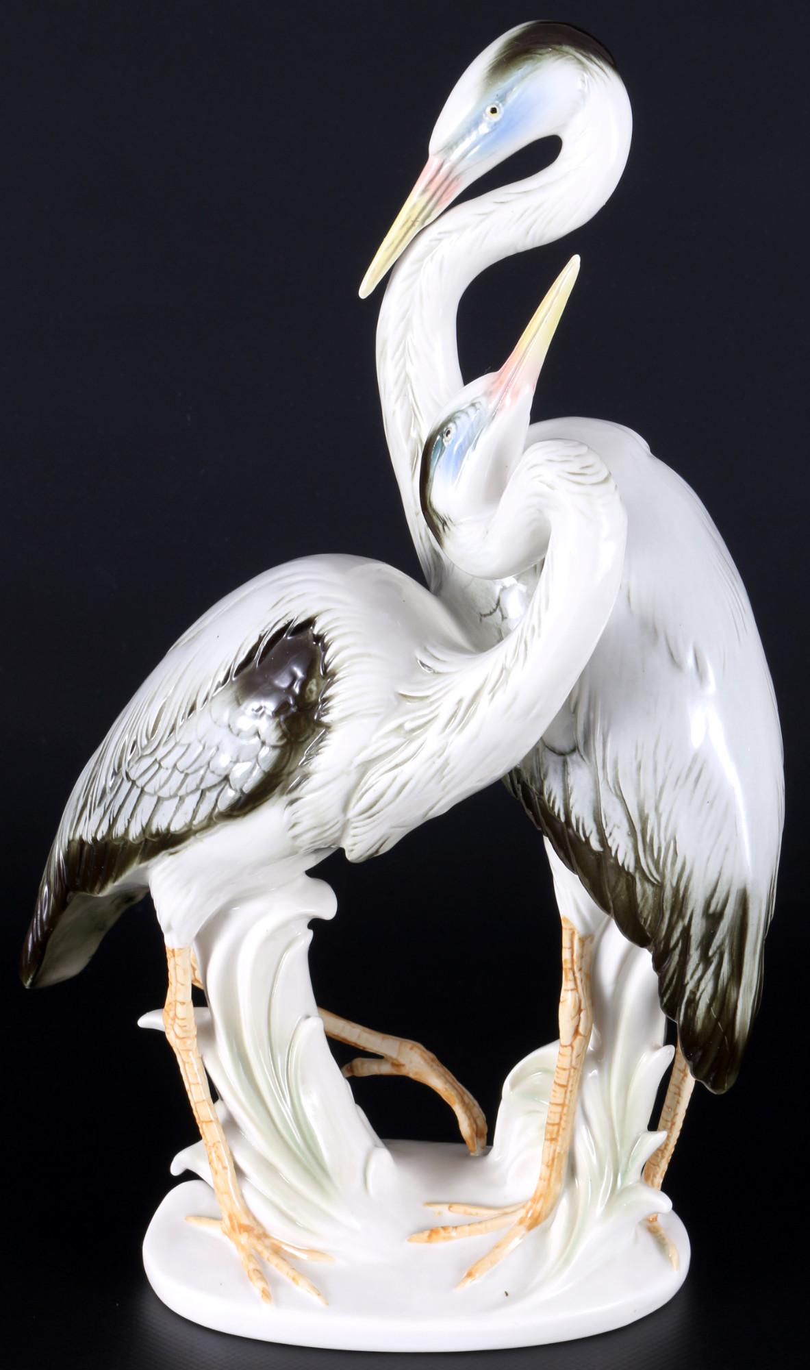 Karl Ens large group of herons, Volkstedt, groÃŸe Vogelgruppe Reiher,: porcelain, blue mill mark, a pair of grey herons, model no. 7491, H 32,5 cm x W 20 cm x D 11 cm
