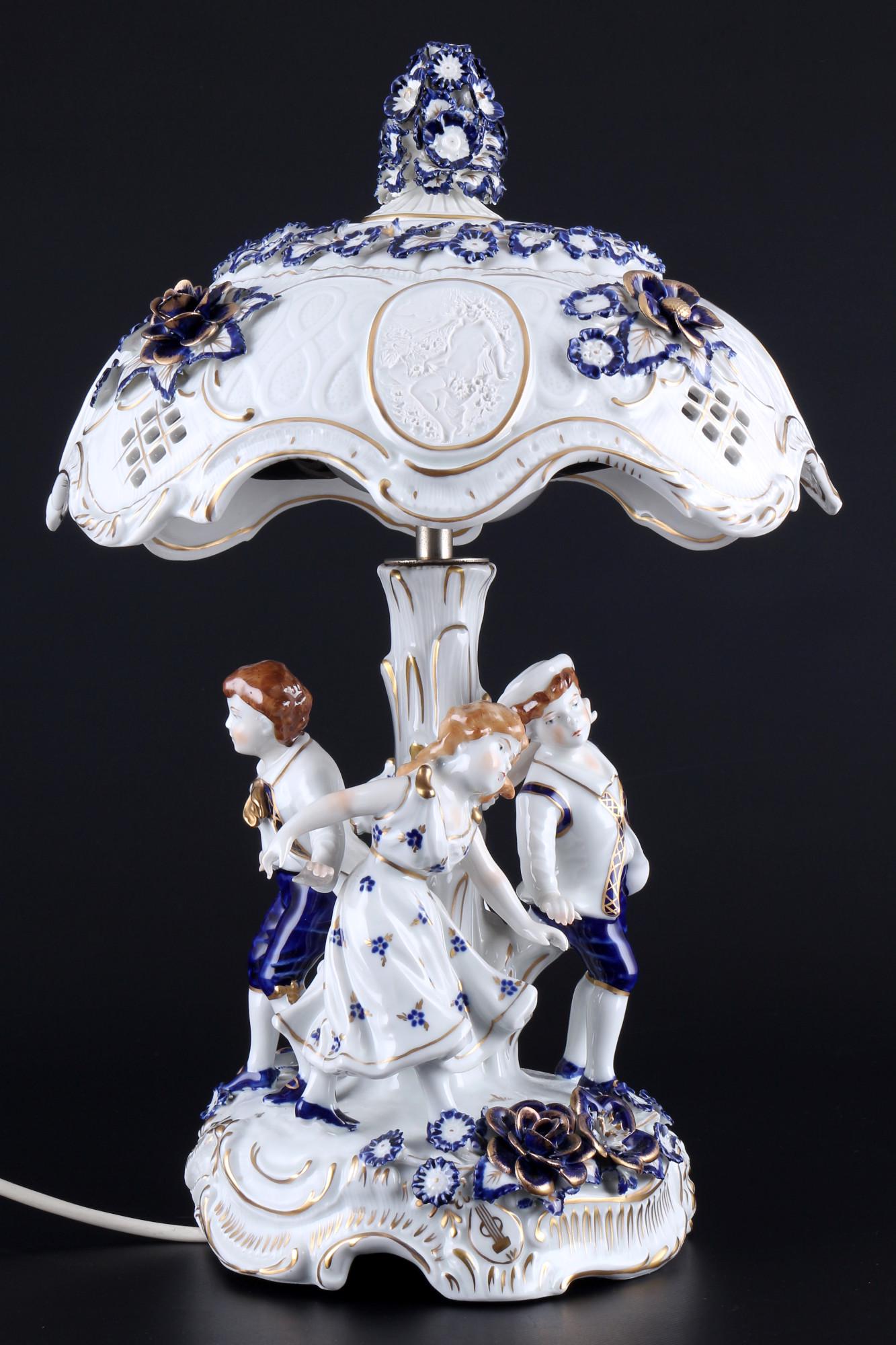 Schierholz Plaue lithophane table lamp dancing children, Tischlampe mit Kinderreigen,: porcelain, blue mark, dÃ©cor set part. in royal blue, children's dances, shade with four lithophanes inside golden cartouches, H 43 cm x D 28 cm, functional, umbrella knob broken off