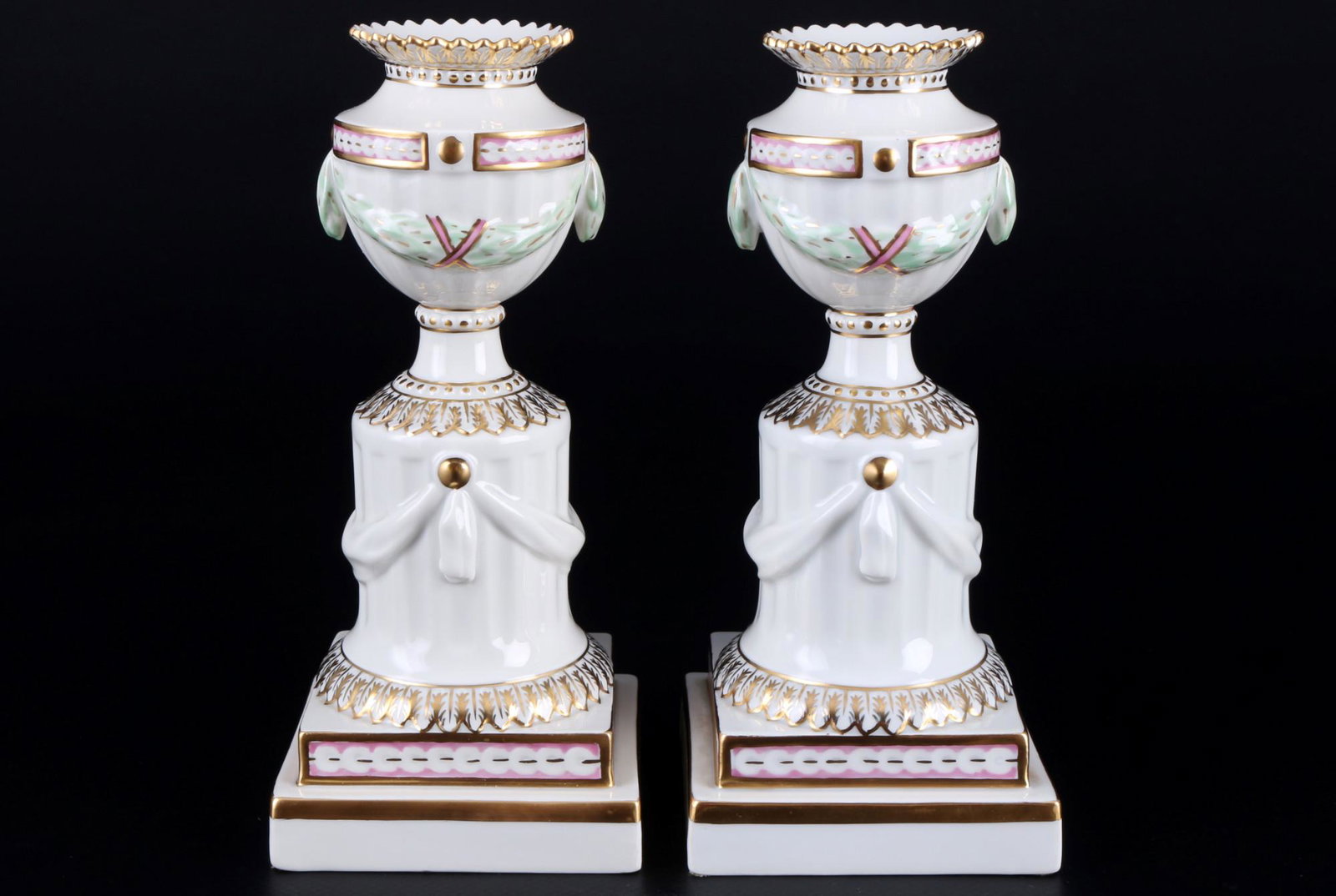Royal Copenhagen Flora Danica pair of candlesticks 12365 1st choice, Paar KerzenstÃ¤nder,: porcelain, Denmark, blue Juliane Marie - crown tag, dÃ©cor Flora Danica - floral & relief decoration with gold rim, model no. 12365, 2x H 16.5 cm x W 7.5 cm