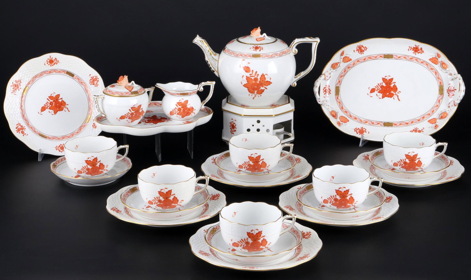 Herend Apponyi Orange tea service for 6 persons, Teeservice fÃ¼r 6 Personen,: 25-piece porcelain, Hungary 20th century, blue mark, dÃ©cor AOG Apponyi Orange, 1x tea pot #602 H 14 cm x D 13.5 cm, 1x milk jug #644 H 6.5 cm, 1x sugar box #666 H 8.5 cm, 1x pot warmer with tealigh