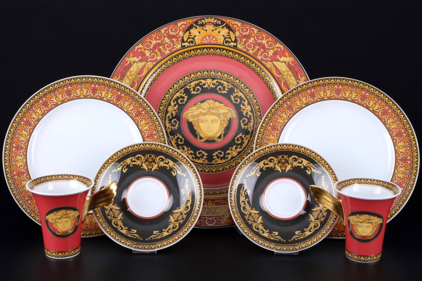 Rosenthal Versace Medusa 2 coffee cups with dessert plates and platter, Kaffeegedecke mit Platte,: porcelain, black/gold mark, dÃ©cor Versace Medusa, 2x coffee cups H 9 cm x D 8 cm, 2x saucers D 14.5 cm, 2x dessert plates D 22.5 cm, 1x large plate D 31 cm