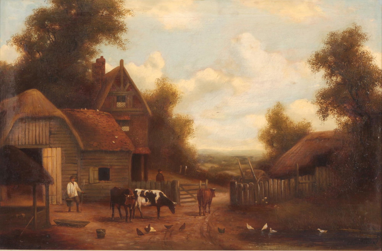 Jacob Jan van der Maaten (1820-1879) farmstead with farmers and cows, Gehoeft mit Bauern und KÃ¼hen,: Oil/canvas, signed J.J. vd Maaten, H 41 cm x W 61 cm, frame 52 x 72.5 cm, Dutch landscape painter, etcher and lithographer, spots of restoration, craquelure