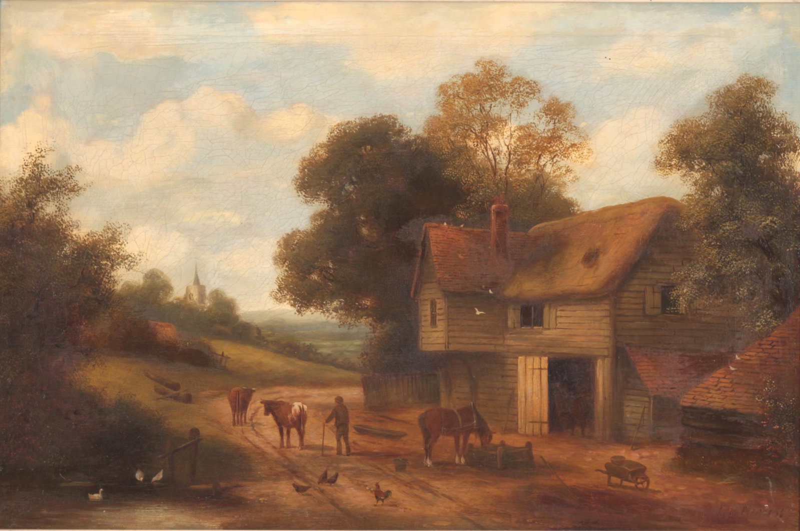 Jacob Jan van der Maaten (1820-1879) homestead with horse and cows, Gehoeft mit Pferd und KÃ¼hen,: Oil/canvas, signed J.J. vd Maaten, H 41 cm x W 61 cm, frame 52 x 72.5 cm, Dutch landscape painter, etcher and lithographer, spots of restoration, craquelure