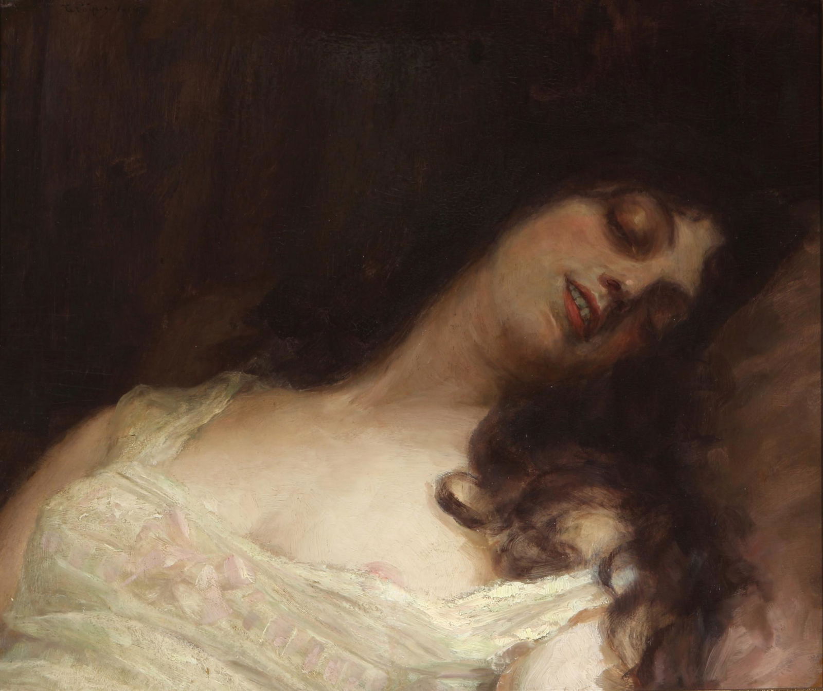 Unknown artist from 1914 dreamy beauty, female act, Teilakt,: Oil/panel (coverd on panel), signed top left (undefined) and dated 1914, reclining dreamy beauty, partial nude, H 38 cm x W 45.5 cm, wooden frame 42.5 x 49.5 cm