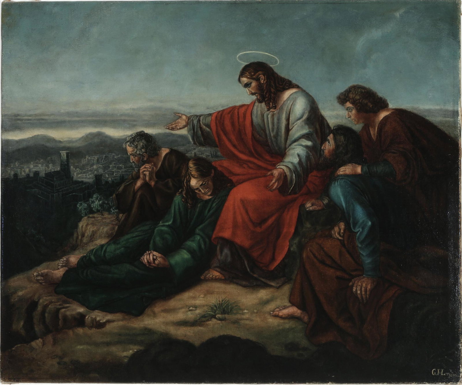 Unknown painter 19th century, Sermon on the Mount - Nazarene School,: Oil/canvas (lined on canvas), signed on the lower right (undefined), H 41 x W 49 cm, unframed, restored