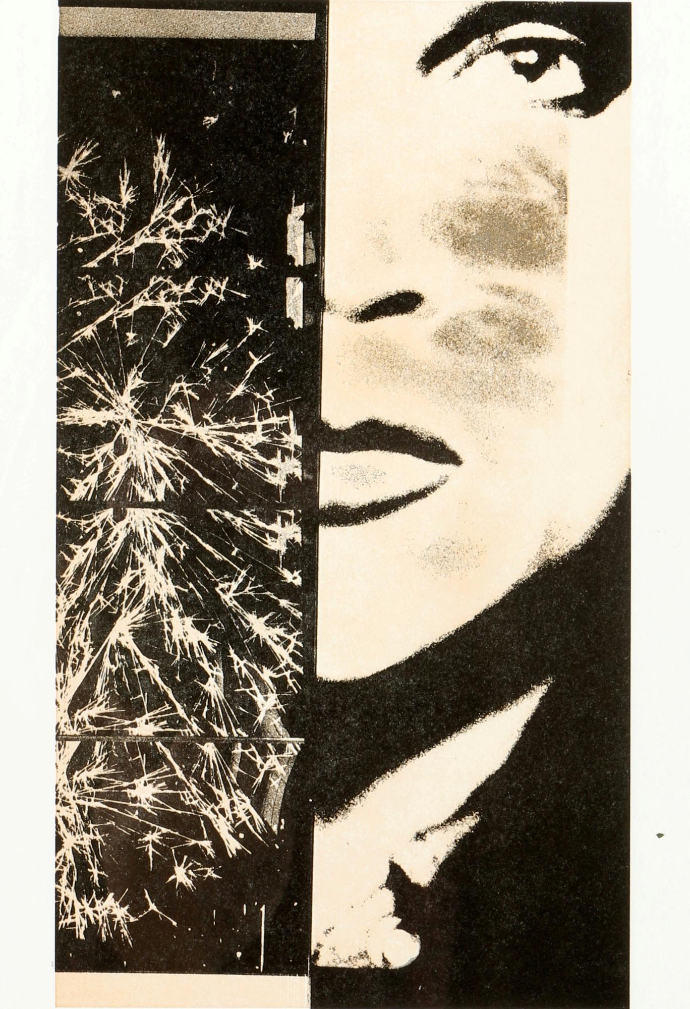 Katharina Sieverding (1944) test print half-portrait from 2002, Probedruck Halbportrait,: color offset/paper, signed and dated Sieverding 2002 on reverse, inscribed test print, sheet size H 29.5 cm x W 21 cm, frame glazed 34 x 28 cm