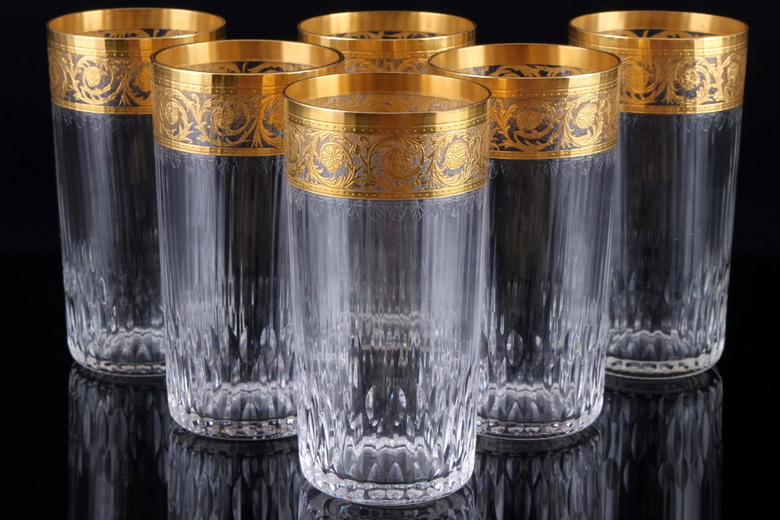 St. Louis Thistle Gold 6 large highball glasses, groÃŸe BecherglÃ¤ser,: crystal, France, series Thistle Gold, with etching mark, 6x H 14 cm x D 7 cm