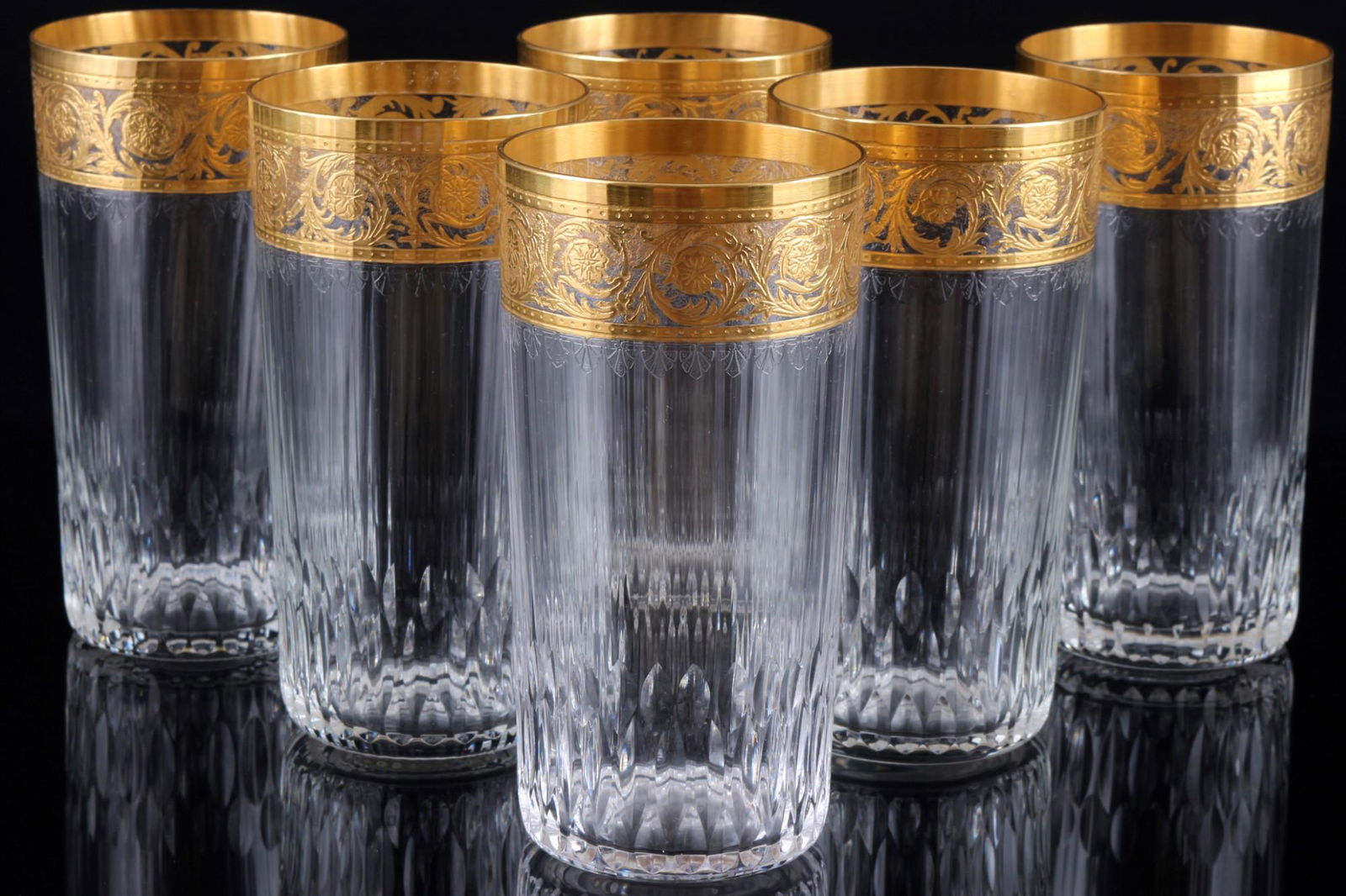 St. Louis Thistle Gold 6 large highball glasses, groÃŸe BecherglÃ¤ser,: crystal, France, series Thistle Gold, with etching mark, 6x H 14 cm x D 7 cm