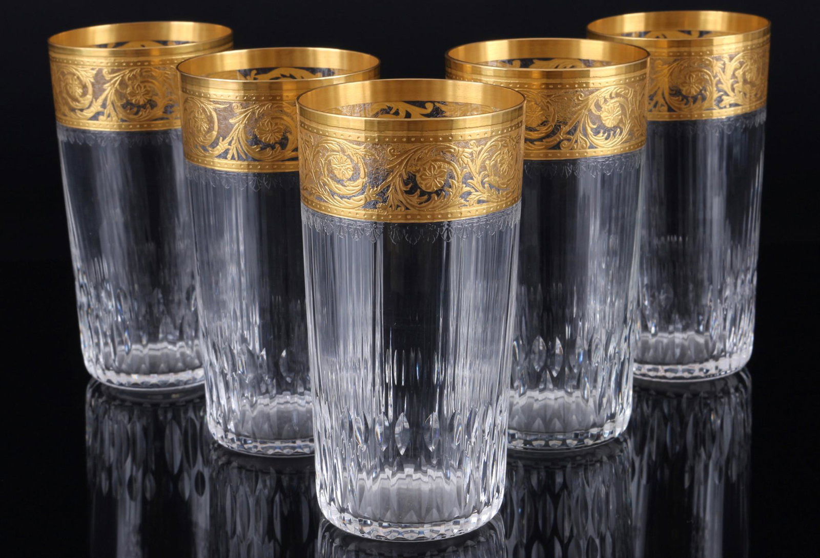 St. Louis Thistle Gold 5 highball glasses, BecherglÃ¤ser,: Porcelain, blue sword mark 6x 1st & 6x 2nd choice, 4x Pfeifferzeit 1924-1934, 1x Knauf mark 1860-1924, decors red rose, stray flowers, flower painting & copper-green flower, 12x D 17 - 18 cm