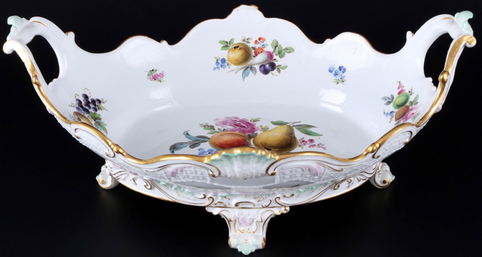 Meissen New Brandenstein Fruits large fruit bowl 1st choice, knob mark, groÃŸe Obstschale 1.Wahl,: porcelain, blue sword mark 1st choice, knob mark 1860-1924, incised no. 71, decor fruit painting with Neubrandenstein relief, H 14,5 cm x L 35 cm x W 26 cm