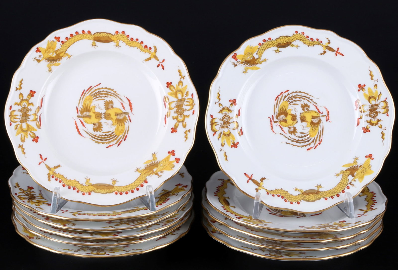 Meissen Yellow Court Dragon Rich 11 dessert plates 1st choice, Dessertteller 1.Wahl,: porcelain, blue sword mark 1st choice, decor Yellow Court Dragon Rich, 11x D 16 cm, gold abrasion