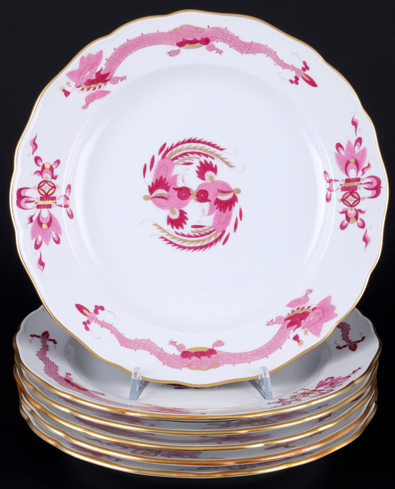 Meissen Court Dragon Purple Rich 6 dinner plates 1st choice, Speiseteller 1.Wahl,: porcelain, blue sword mark 1st choice, decor Indian Purple Rich, 6x D 25,5 cm, discolorations of the gold rim