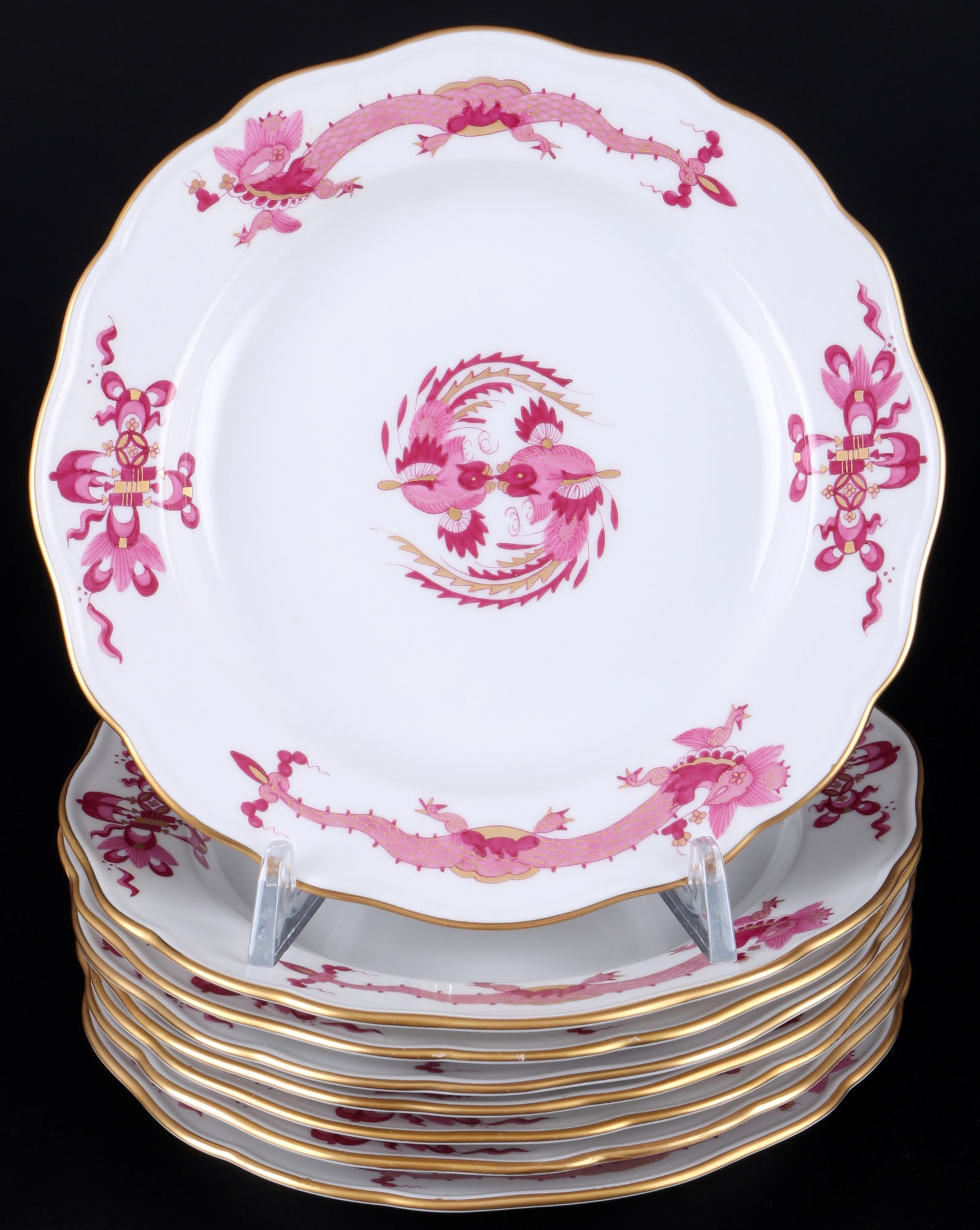 Meissen Court Dragon Purple Rich 8 dessert plates 1st choice, Dessertteller 1.Wahl,: porcelain, blue sword mark 1st choice, decor Indian Purple Rich, 8x D 16,5 cm