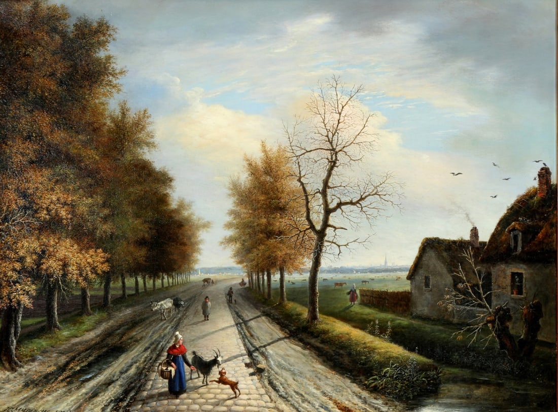 Louis-Claude MALLEBRANCHE (1790-1838) busy road to the big city 1825, belebter Weg zur GroÃŸstadt,: oil/canvas (mounted on canvas), signed and dated L C Mallebranche (18)25 on lower right, french painter born 1790 Caen - 1838 Caen, busy country lane with walkers and animals, such as cows and goats, 