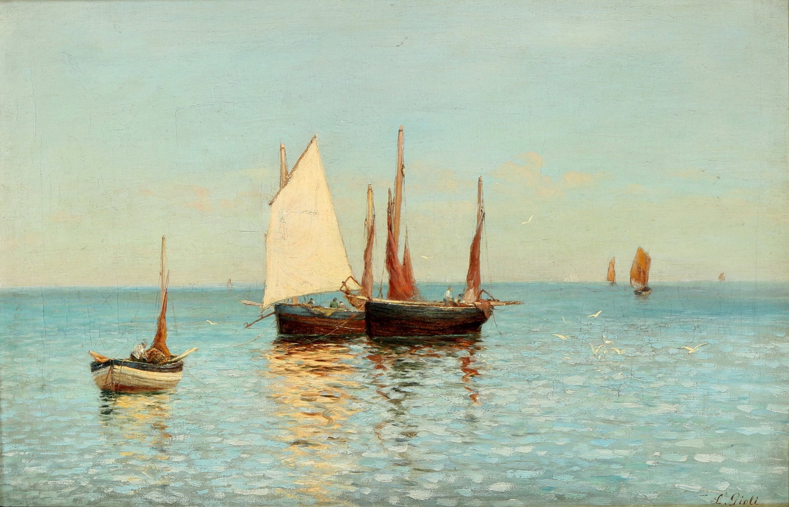 Luigi GIOLI (1854-1947) on the Adriatic Sea, am Adriatischen Meer,: oil/canvas, signed on lower right L Gioli, italian painter born in Eascina/Pisa, sailboats at the Adriatic Sea, H 31 cm x W 46 cm, frame 43 x 58,5 cm, craquelure, touch-up on sail