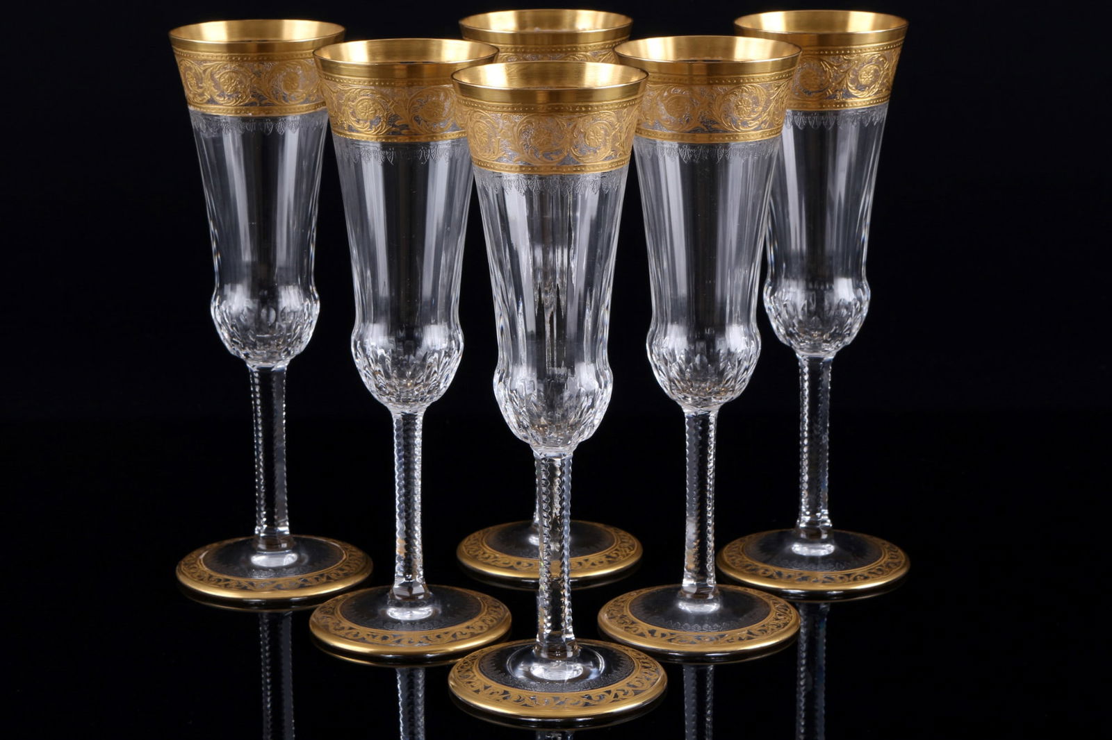St. Louis Thistle Gold 6 champagne flutes, ChampagnerflÃ¶ten,: crystal, France, series Thistle Gold, with etching mark, 6x H 19 cm x D 6 cm