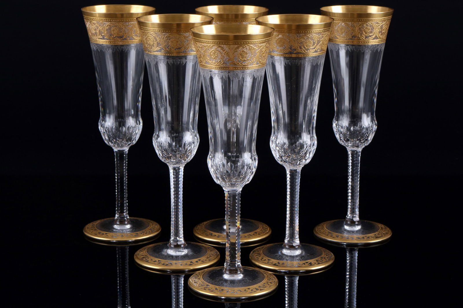 St. Louis Thistle Gold 6 champagne flutes, ChampagnerflÃ¶ten,: crystal, France, series Thistle Gold, with etching mark, 6x H 19 cm x D 6 cm