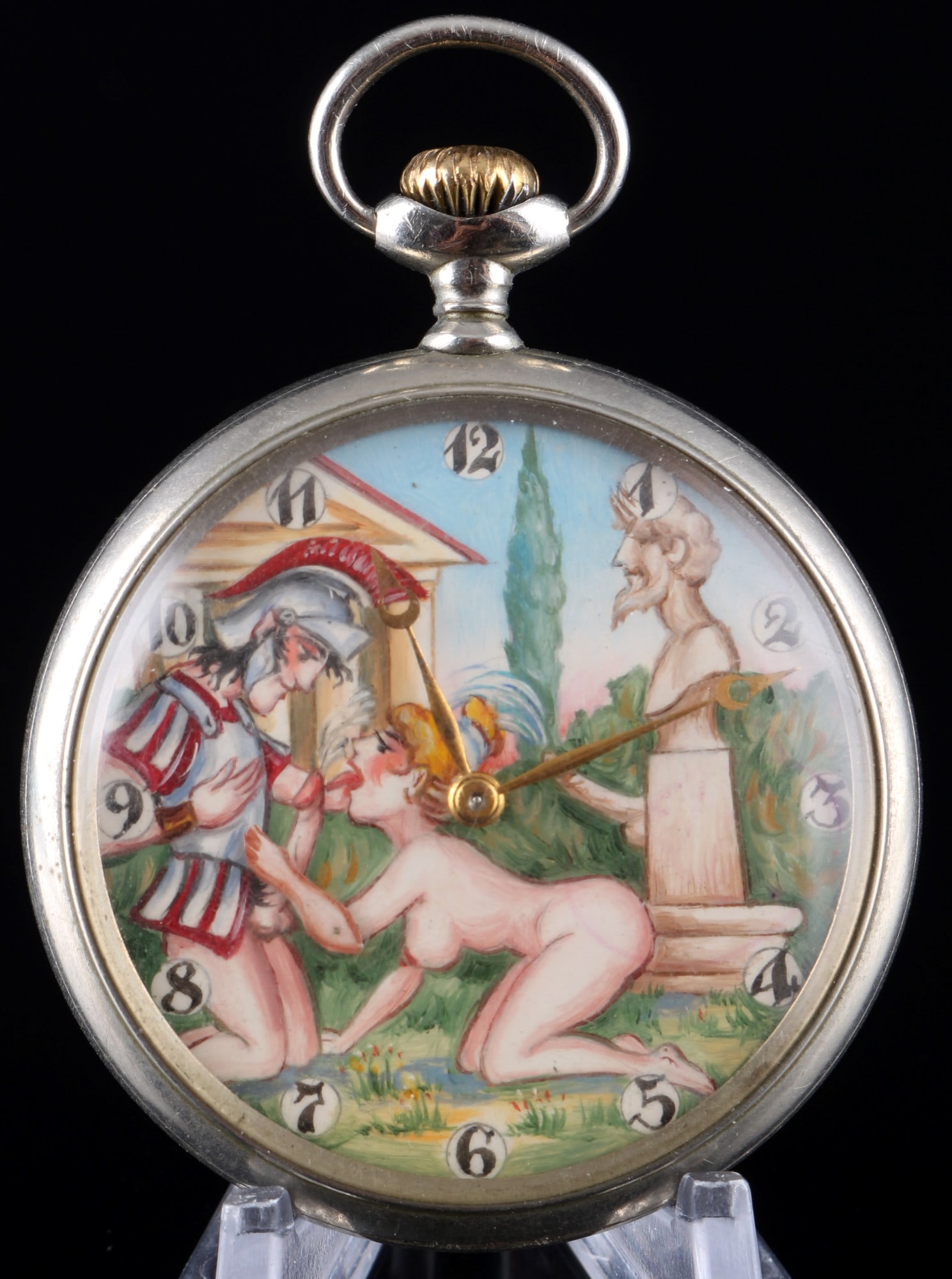 Doxa Mechanic erotic pocket watch, Taschenuhr mit erotischer Szene,: Doxa pocket watch, copper-nickel-zinc alloy, engraved with: "Medaille d'or Milan, 1906 Hors Concours liege 1905 Ì Ìref. no. 1404601, watch with hand-painted dial of an erotic love scene in nature, H