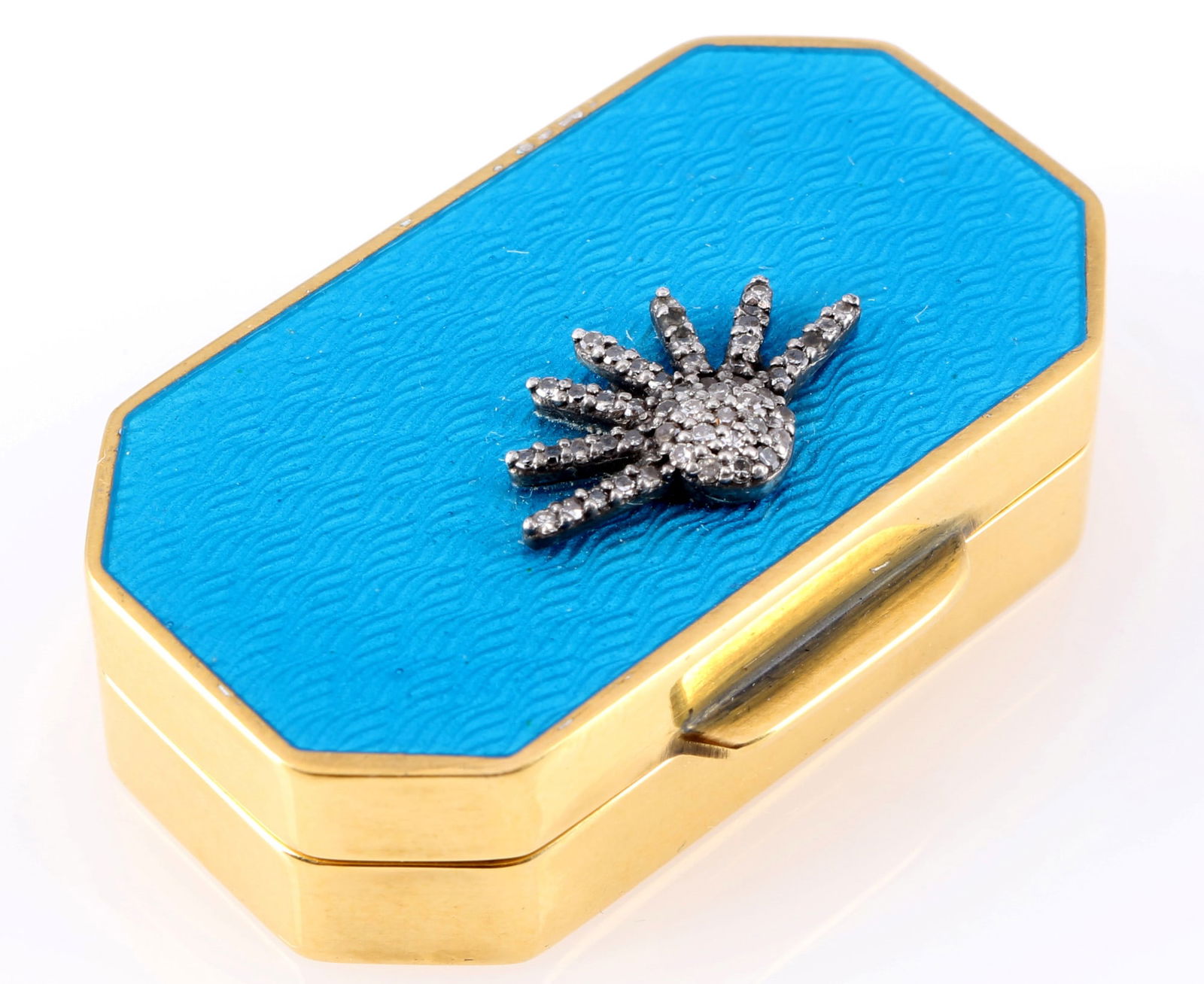 Light blue pill box with diamonds, silver 88 Zolotniki,: 88 Zolotniki silver (916/000), stamped 88, Russian pseudo hallmarks, silver pill box gilded inside and outside, lid with half sun set with diamonds and sea blue guilloche enamel, L 4 cm x W 2.2 cm, we