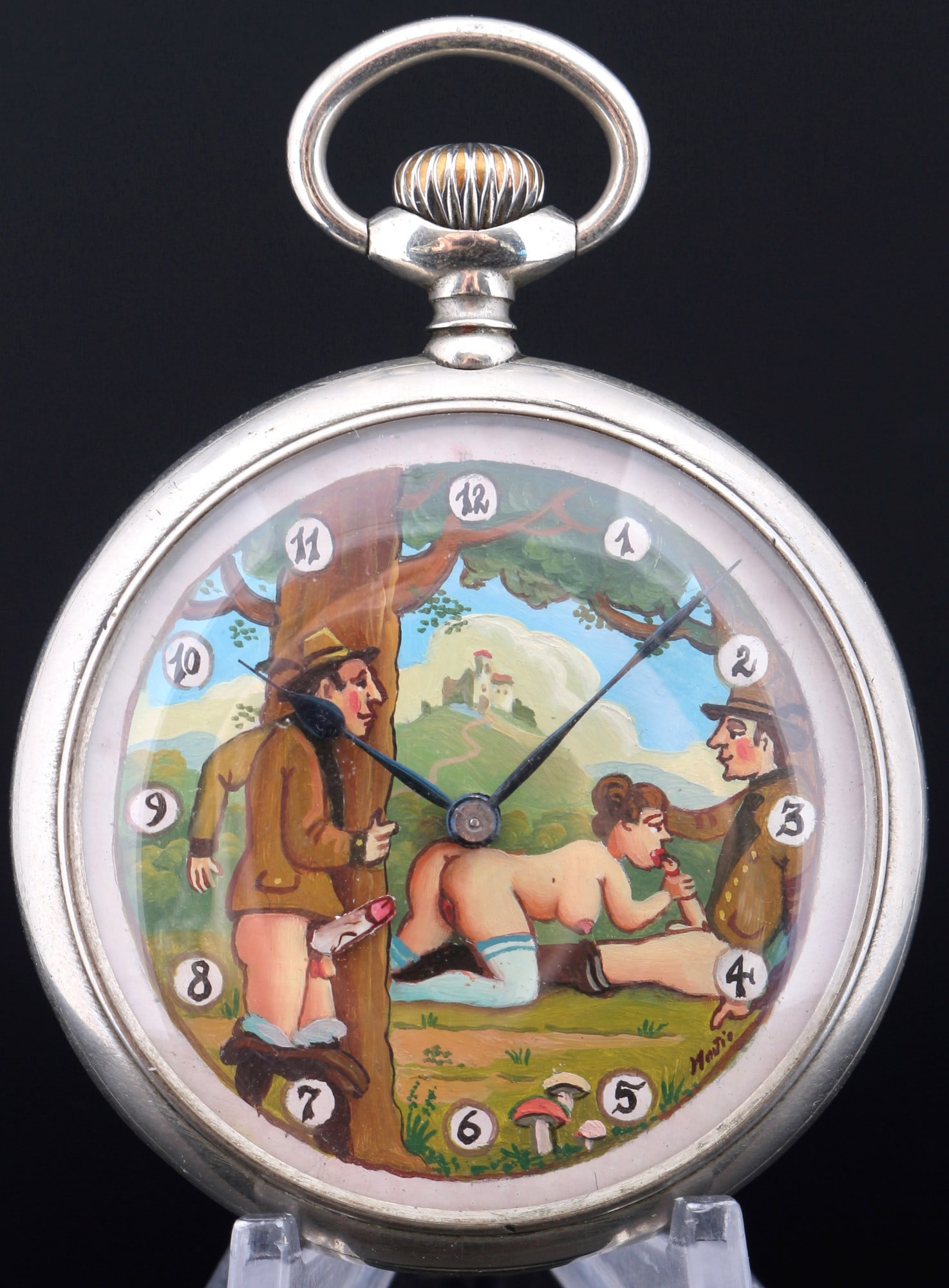 Doxa pocket watch with an erotic scene of two hunters and a woman,: silver plated, engraved with 800 + Haute Precision + half moon and crown + JS + 377166 - Ancre Levees Visbles 15 Rubis, crown winding, D 54 mm x H 74 mm, movement is functional but without guarantee