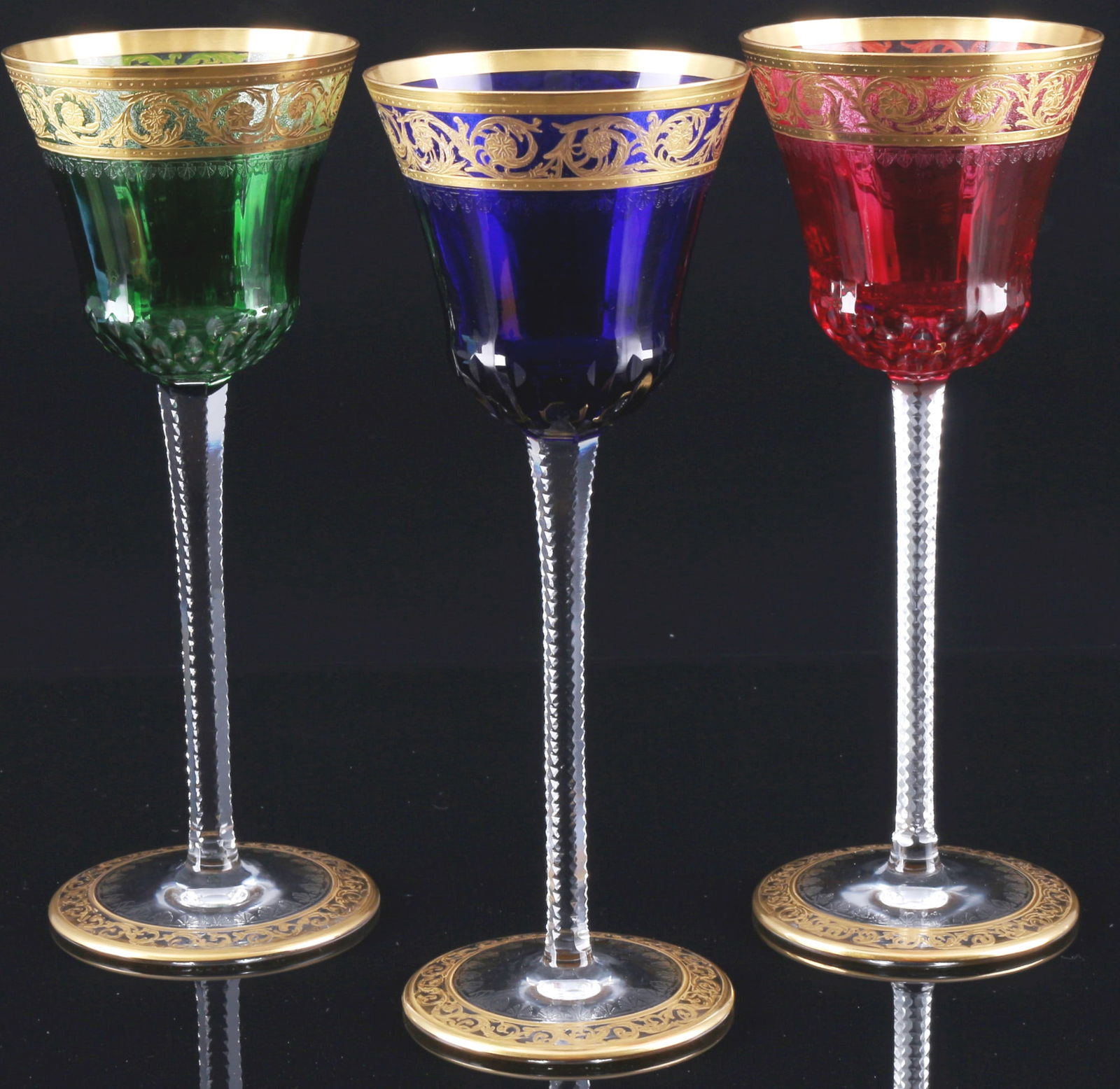 St. Louis Thistle Gold 3 roemer wine glasses, colored,: crystal, France, decor Thistle Gold, colors red, green and blue, 3x H 21 cm x D 8 cm