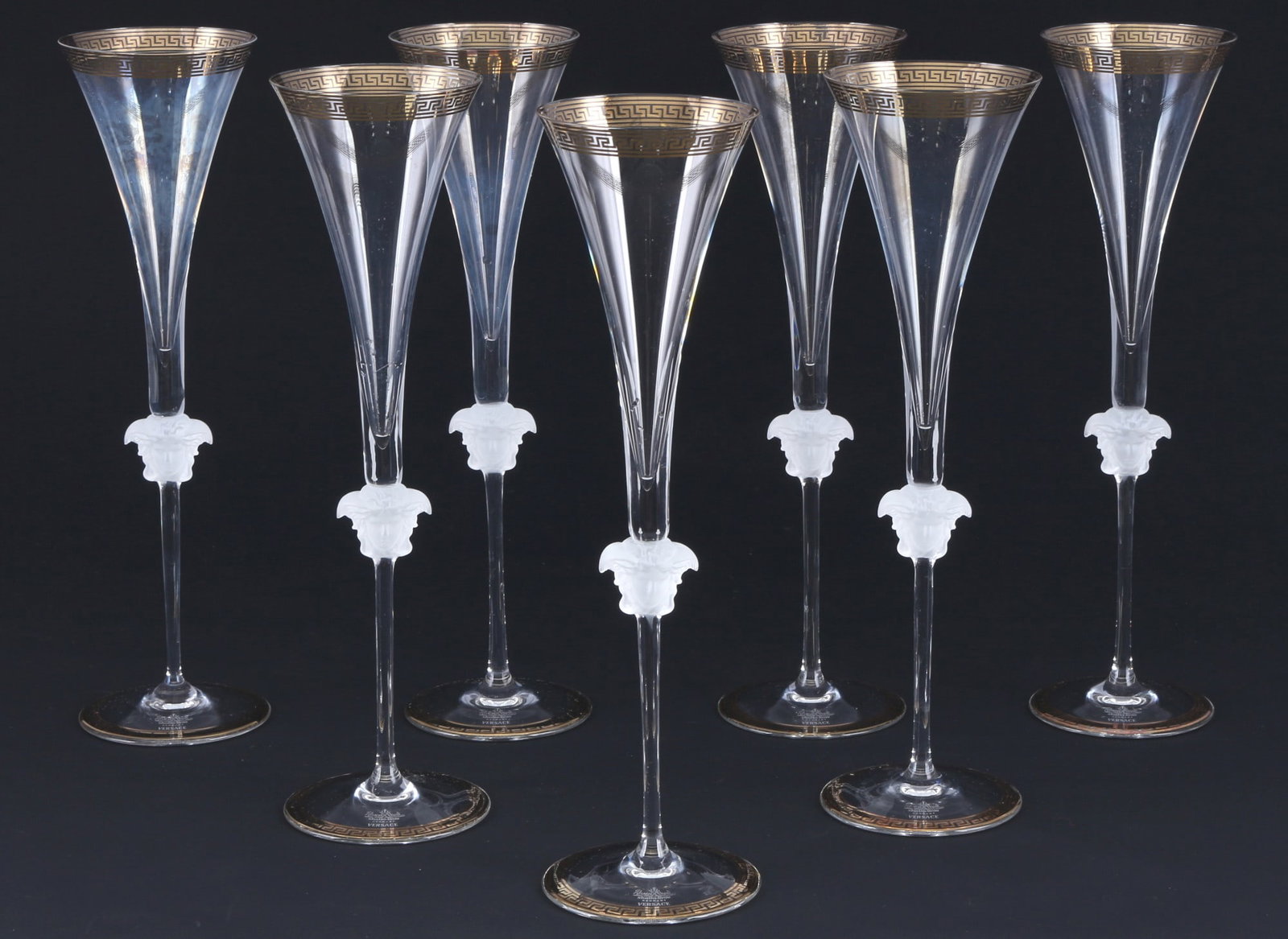 Rosenthal Versace Medusa D´Or 8 champagne flutes,: glass, with etched company mark, decor Versace Medusa D'Or, 7x H 30.5 cm x D 8.5 cm, slight gold discoloration, slight gold abrasion
