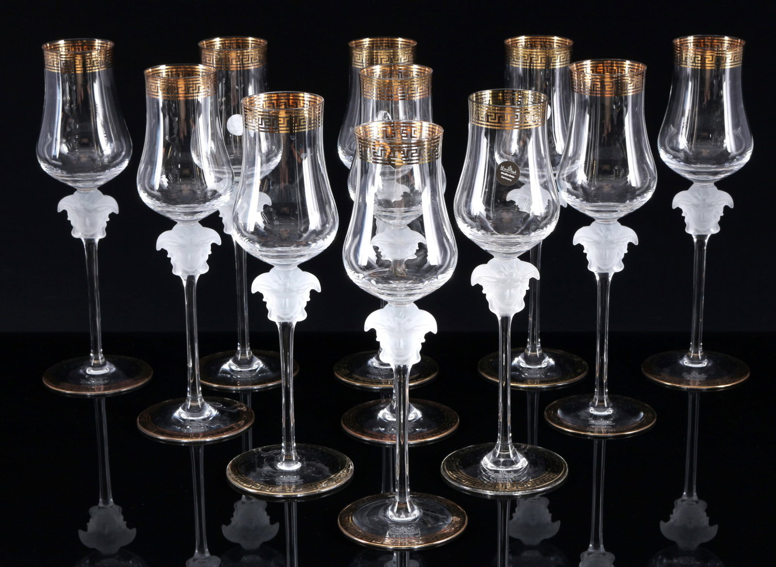 Rosenthal Versace Medusa D´Or 11 grappa glasses,: glass, with etched company mark, decor Versace Medusa D'Or, 11x H 21.5 cm x D 6 cm, slight gold discoloration, minimal gold abrasion