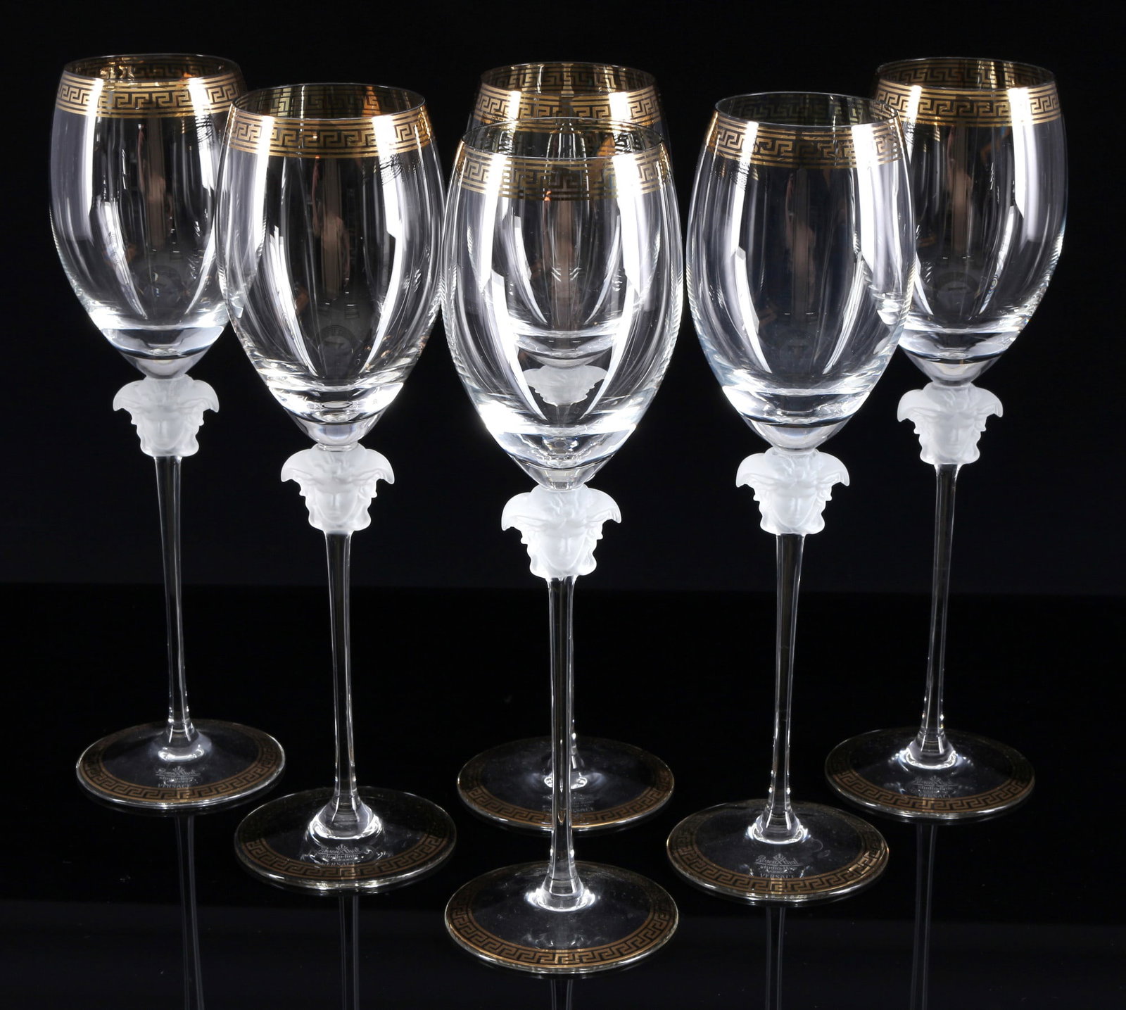 Rosenthal Versace Medusa D´Or 6 whitewine glasses,: glass, with etched company mark, decor Versace Medusa D'Or, 6x H 26.5 cm x D 7.5 cm, minimal gold discoloration, clear gold abrasion on two glasses
