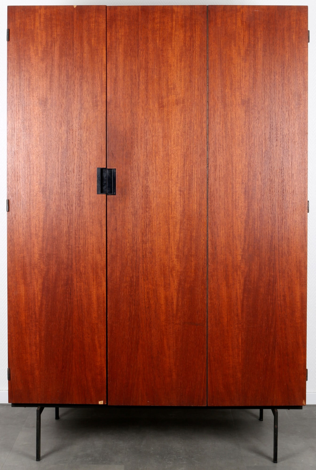 Cees Braakman wardrobe KU10 Japan series 60s, UMS Pastoe,: Teak veneered, slim black steel base, mid-century wardrobe, model KU10, designed by Cees BRAAKMAN (1917-1995) from the Japan series and manufactured by UMS Pastoe, H 173 cm x W 113 cm x D 55 cm, left