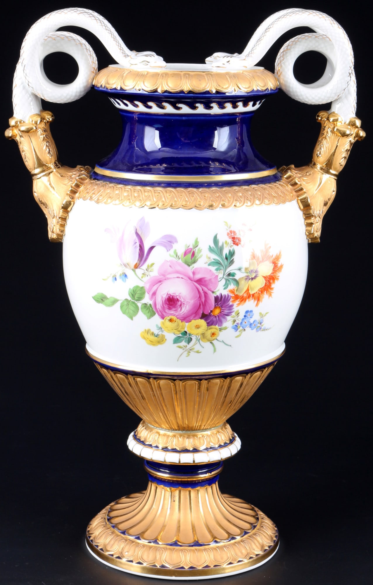 Meissen Flower Bouquet large snake handle vase royal blue 1st choice,: porcelain, blue sword mark 1st choice, designed by Ernst August Leuteritz (1818-1893), decor Flower Bouquet partially withroyal blueground, gold staffage, sides with snake handles, model no. E116, H 3