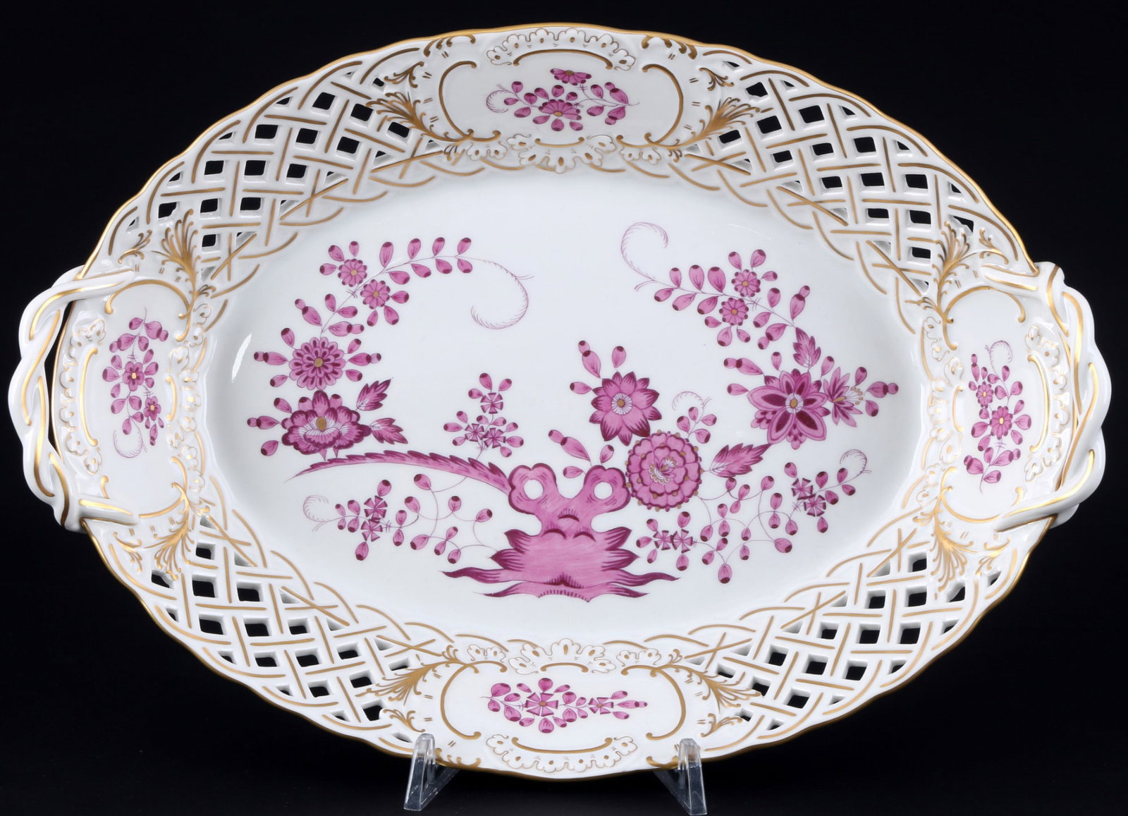 Meissen Indian Rock- Branch- and Flower Painting Purple Camaieu handled basket 1st choice,: porcelain, blue sword mark 1st choice, decor Indian Rock- Branch- and Flower Painting in Purple Camaieu, model no. 54910, H 6.5 cm x L 31 cm x W 21.5 cm