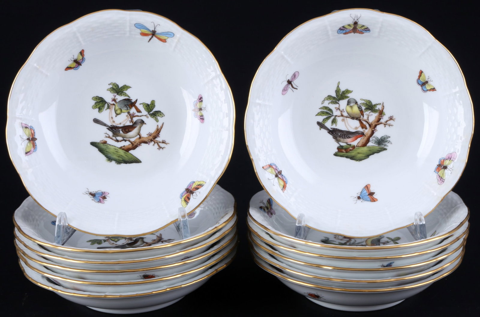 Herend Rothschild 12 dessert bowls,: porcelain, Hungary 20th century, blue company mark, decor RO Rothschild, model no. 329, 12x H 3 cm x D 14.5 cm