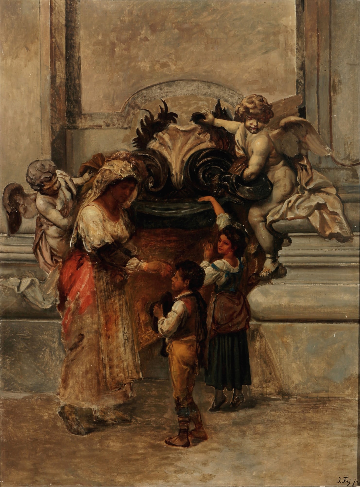 Joseph FAY (1813-1875) Holy water font St. Peter's Basilica Vatican,: Oil/canvas, large format, signed on the right, estate stamp on the reverse, German painter and illustrator of the Düsseldorf School, born 1812 in Cologne - 1875 Düsseldorf, depiction of a mother wit