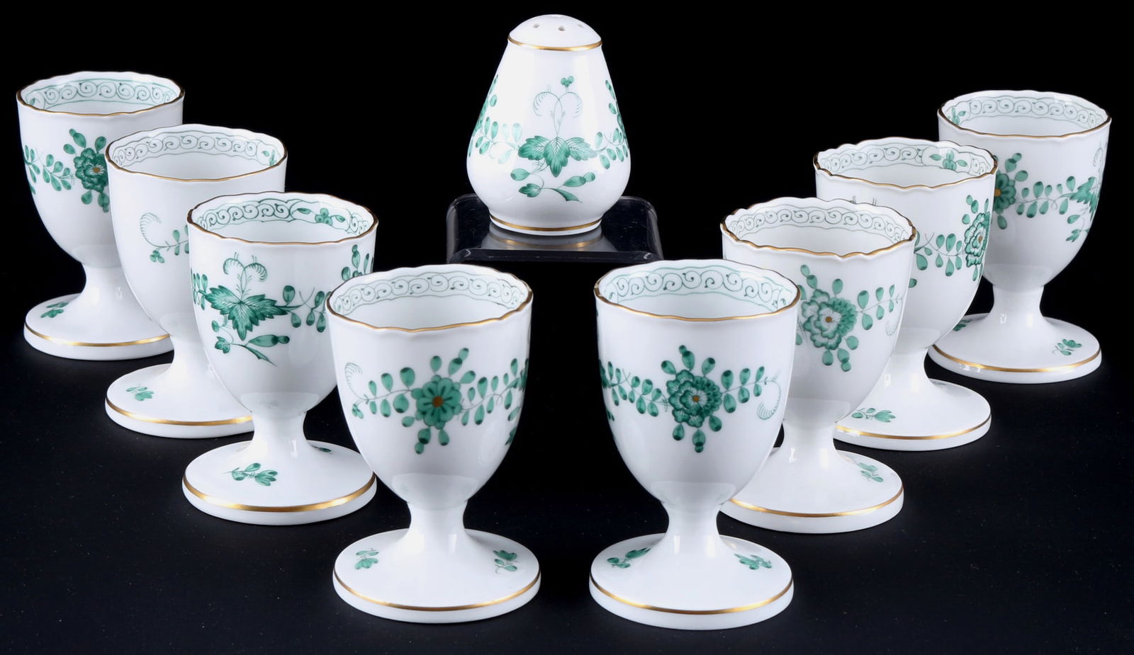 Meissen Indian Green 8 egg cups with salt shaker 1st choice,: porcelain, blue sword mark 1st choice, decor Indian Green, decor no. 340310, 8x egg cups H 7.5 cm x D 4.5 cm, 1x salt shaker H 5.5 cm x D 4 cm