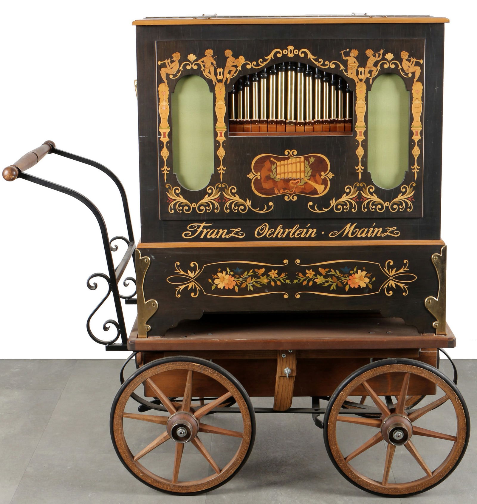 Music barrel organ Franz Oehrlein,: Inlaid wooden case around 1979, 38 pitches, playing flute, piccolo, violin, trumpet, with register switching, including 7 music rolls and carriage, crank drive, inscribed on the front Franz Oehrlein M