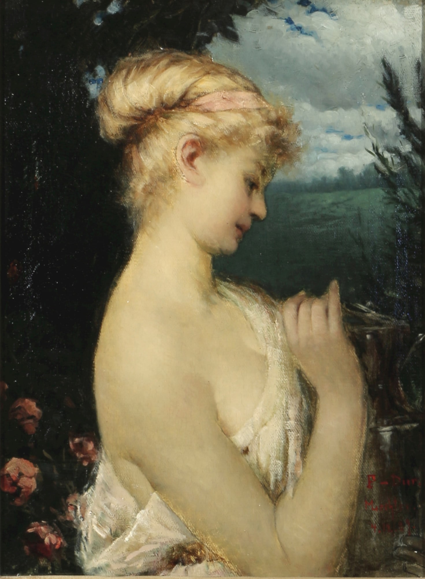 Melchior LECHTER (1865-1937) Portrait of a young lady 1887,: Oil/canvas signed and dated on the right F-Deer MLechter 4.12.(18)87, German painter, graphic artist and book artist born in 1865 in Münster - 1937 Raron, Switzerland, H 45.5 cm x W 37.5 cm, frame 72