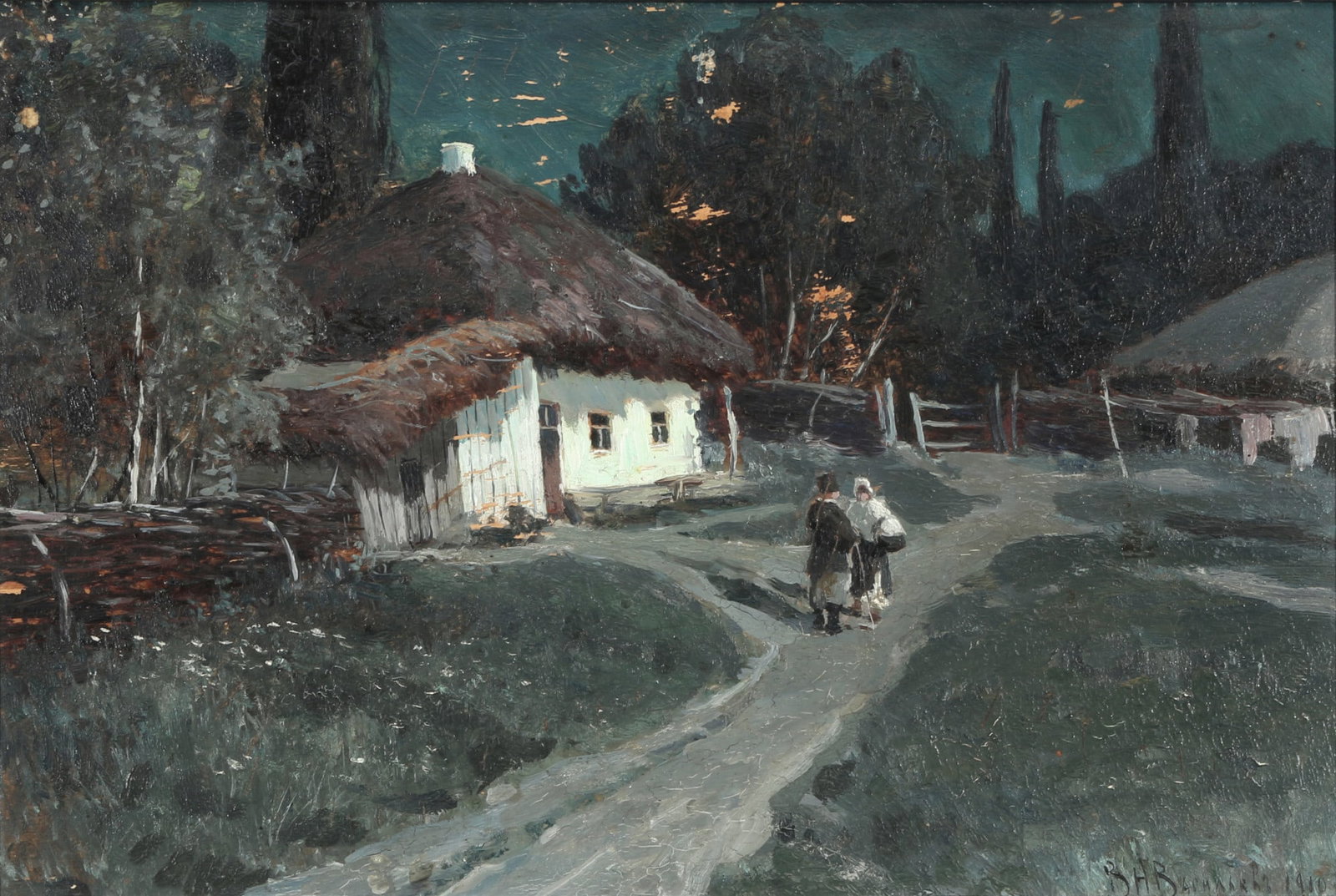 Vasiliev Veniamin NIKOLAEVICH (1872-1920) meeting at the house in 1910,: Oil/wood, signed and dated on the right, Russian and Ukrainian painter born 1872 in Kiev - 1920 Gallipoli, studied at the KRS with N. Muraschko and N. Pimonenko, ???????? ???????? ??????????, H 25 cm 