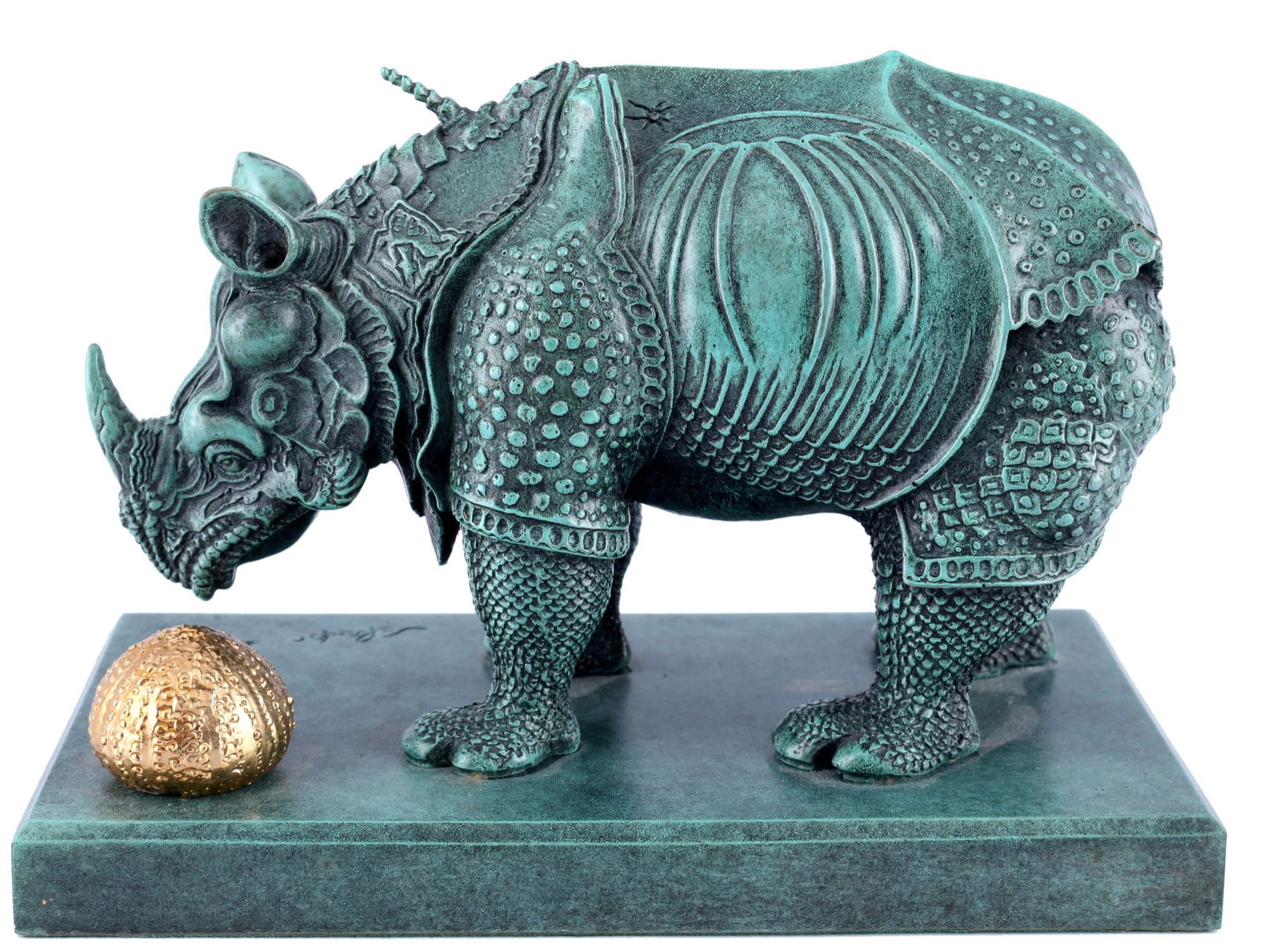 Salvador Dali (1904-1989) bronze Rhinoceros dressed in lace - Foundry Airaindor Valsuani,: bronze, VF (vert florentin) patinated in florentine green / sea urchin gilded, inscribed Salvador Dali on plinth, foundry stamp Airaindor Valsuani, limited edition 49/499, design around 1954/56, origi